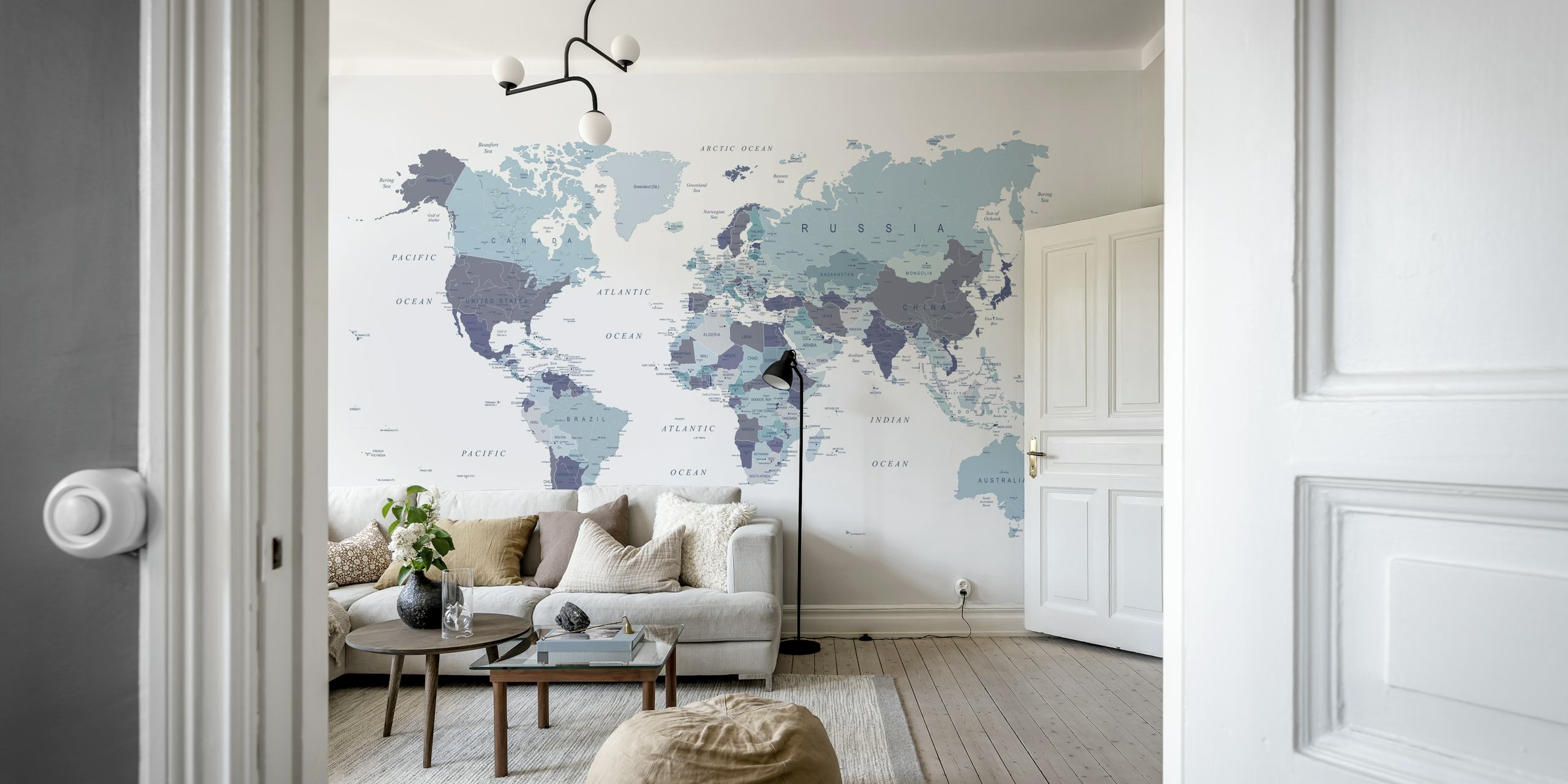 World Map in Blue wallpaper in a room