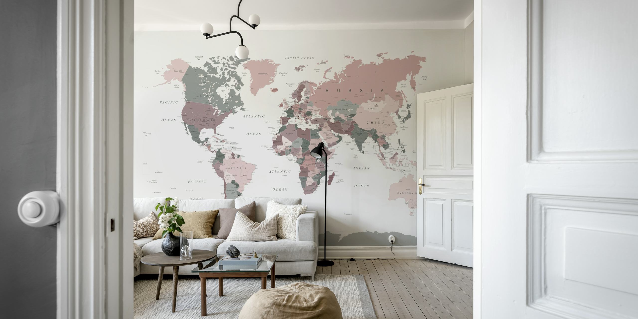 Detailed World Map Wall Mural in Unique Pink and Green Palette