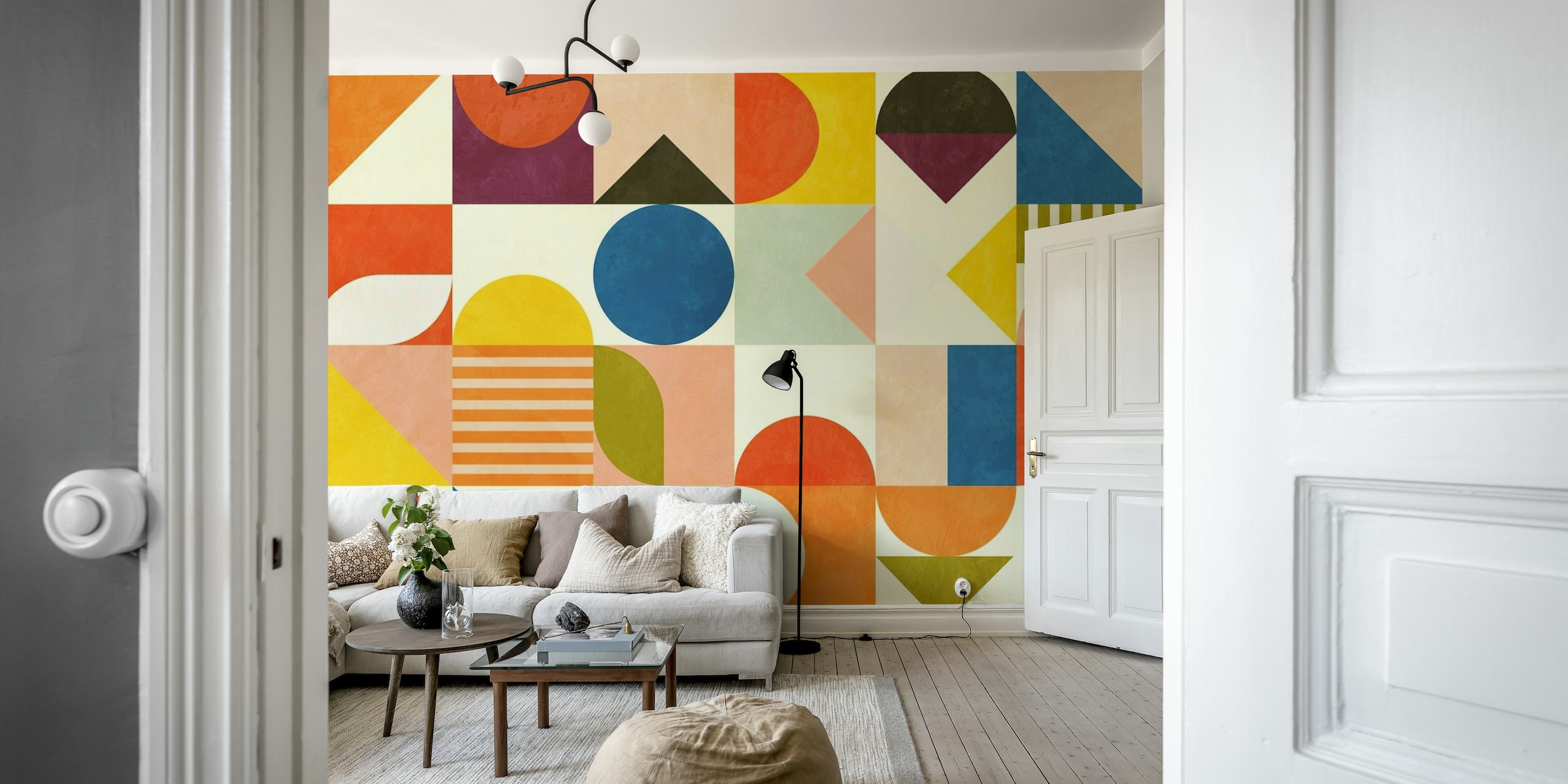 Beautiful display of Mid Century Bauhaus geometric wallpaper with vibrant colors