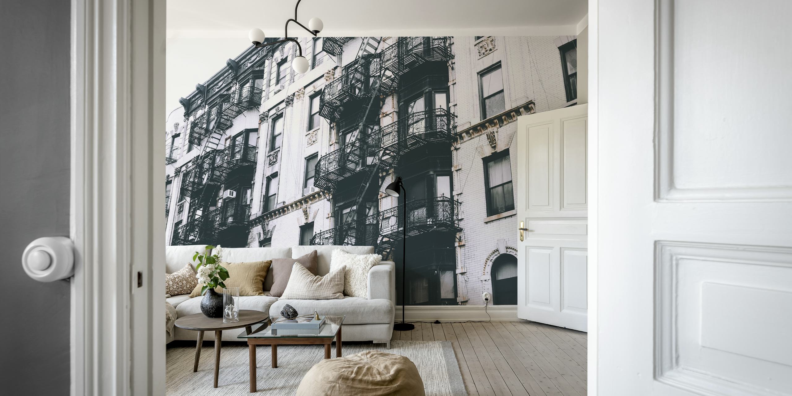 Buildings with fire escapes in black and white wallpaper