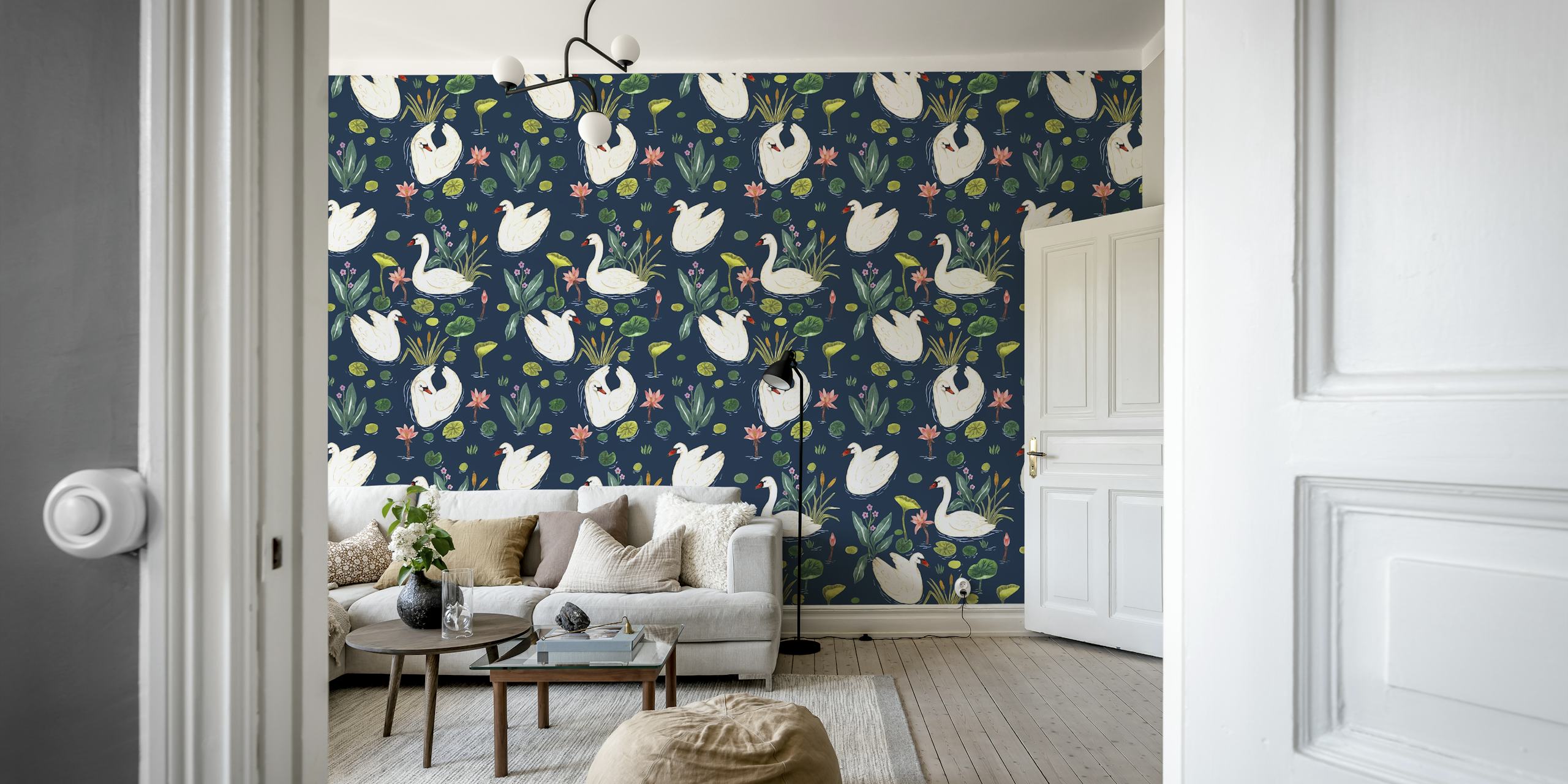 Elegante Schwäne auf einem sternenklaren See mit Seerosenblättern und Blumenwandbild
