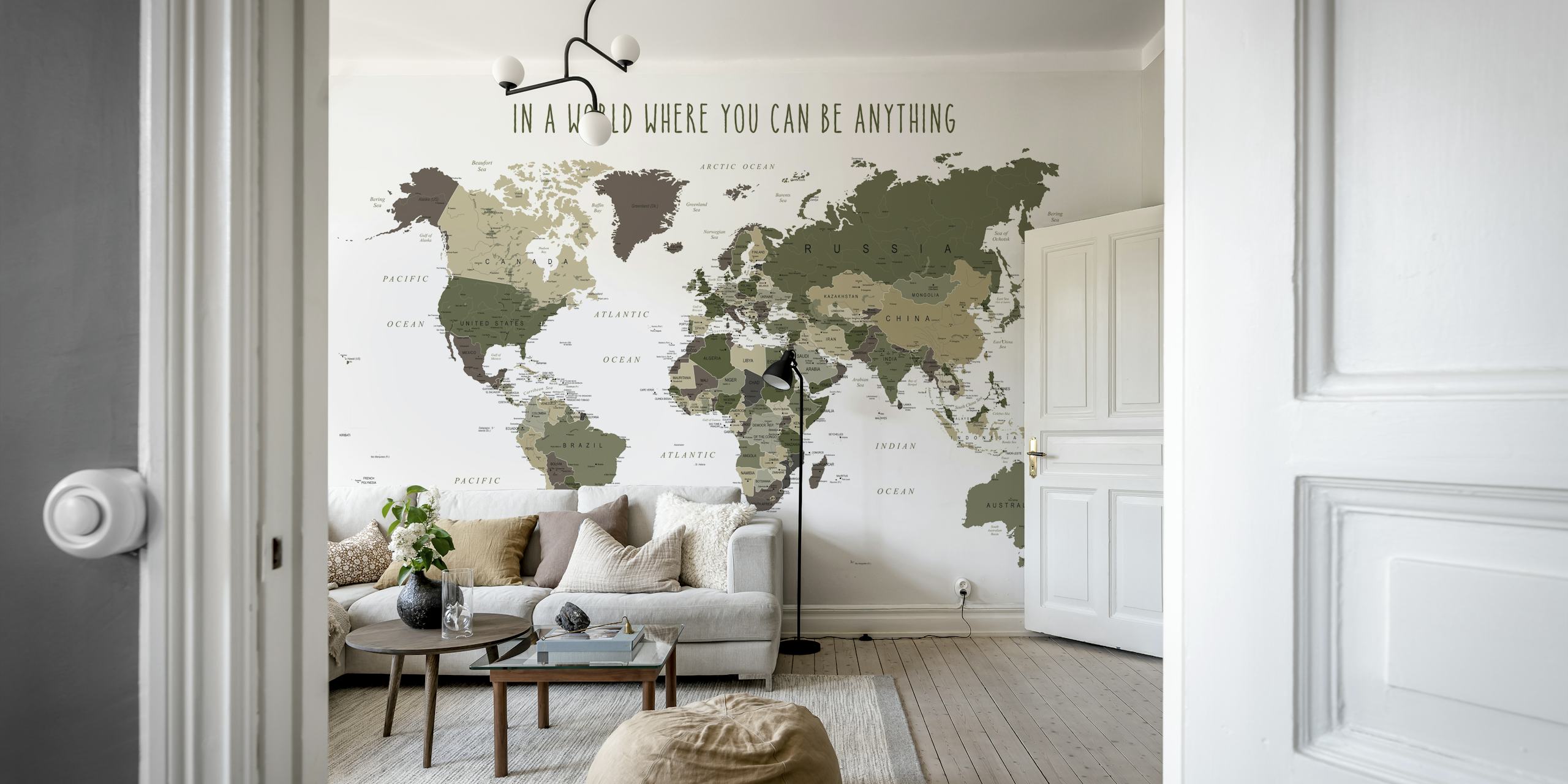 Be Kind World Map tapet i et stilrent rom