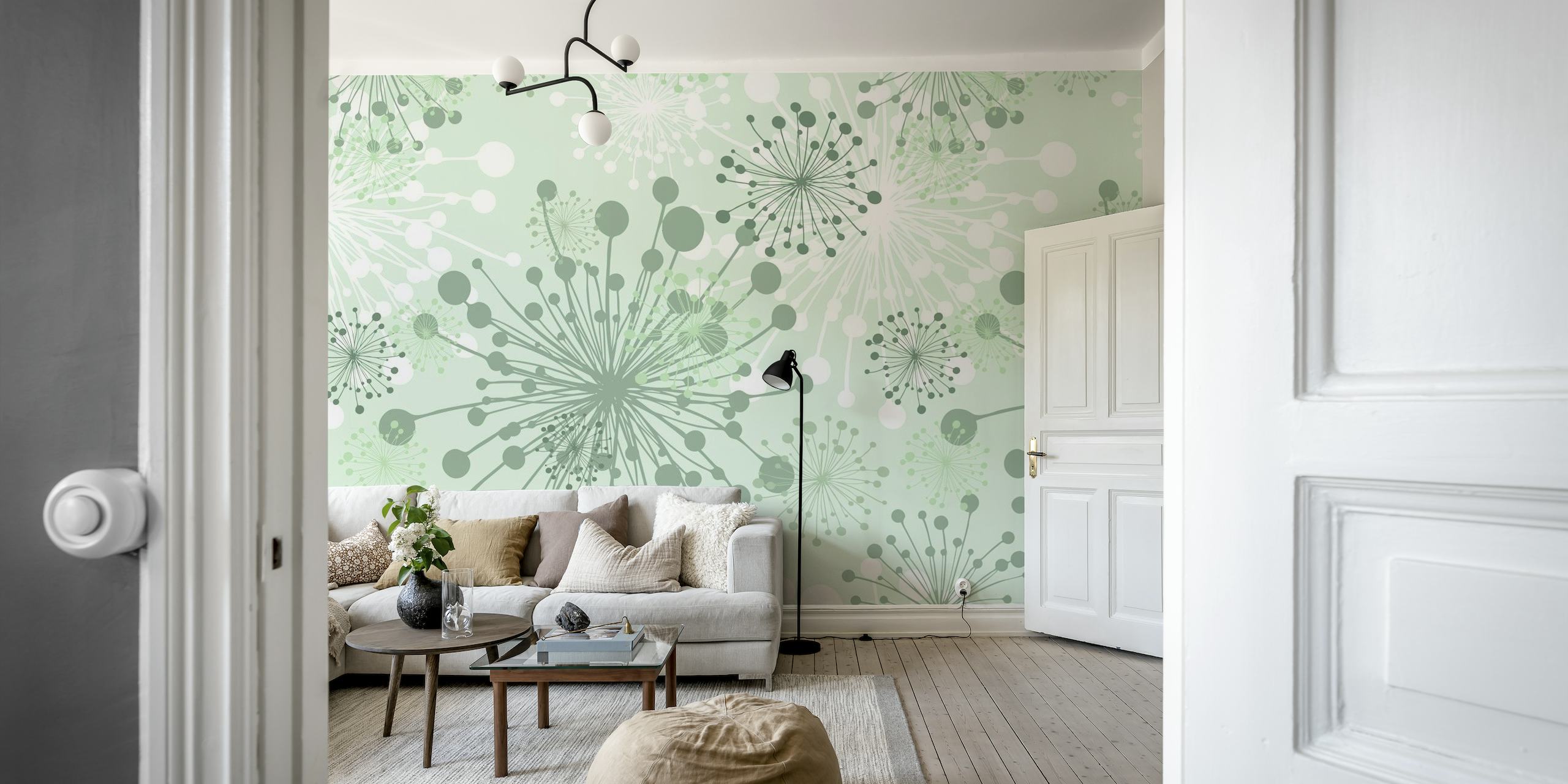 Dandelions mint sage green wallpaper