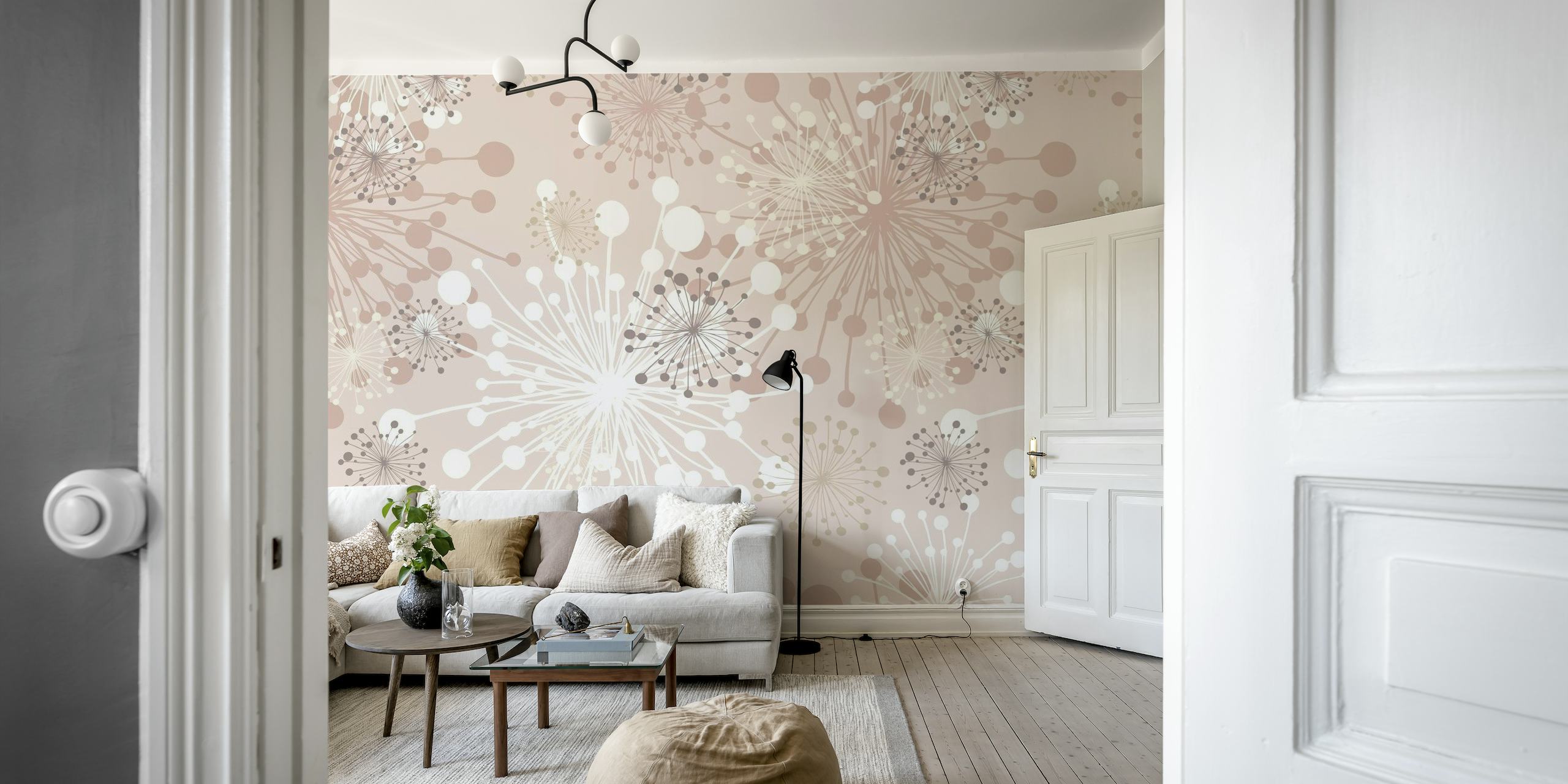 Sophisticated hand-drawn mauve dandelion over blush pink background wallpaper