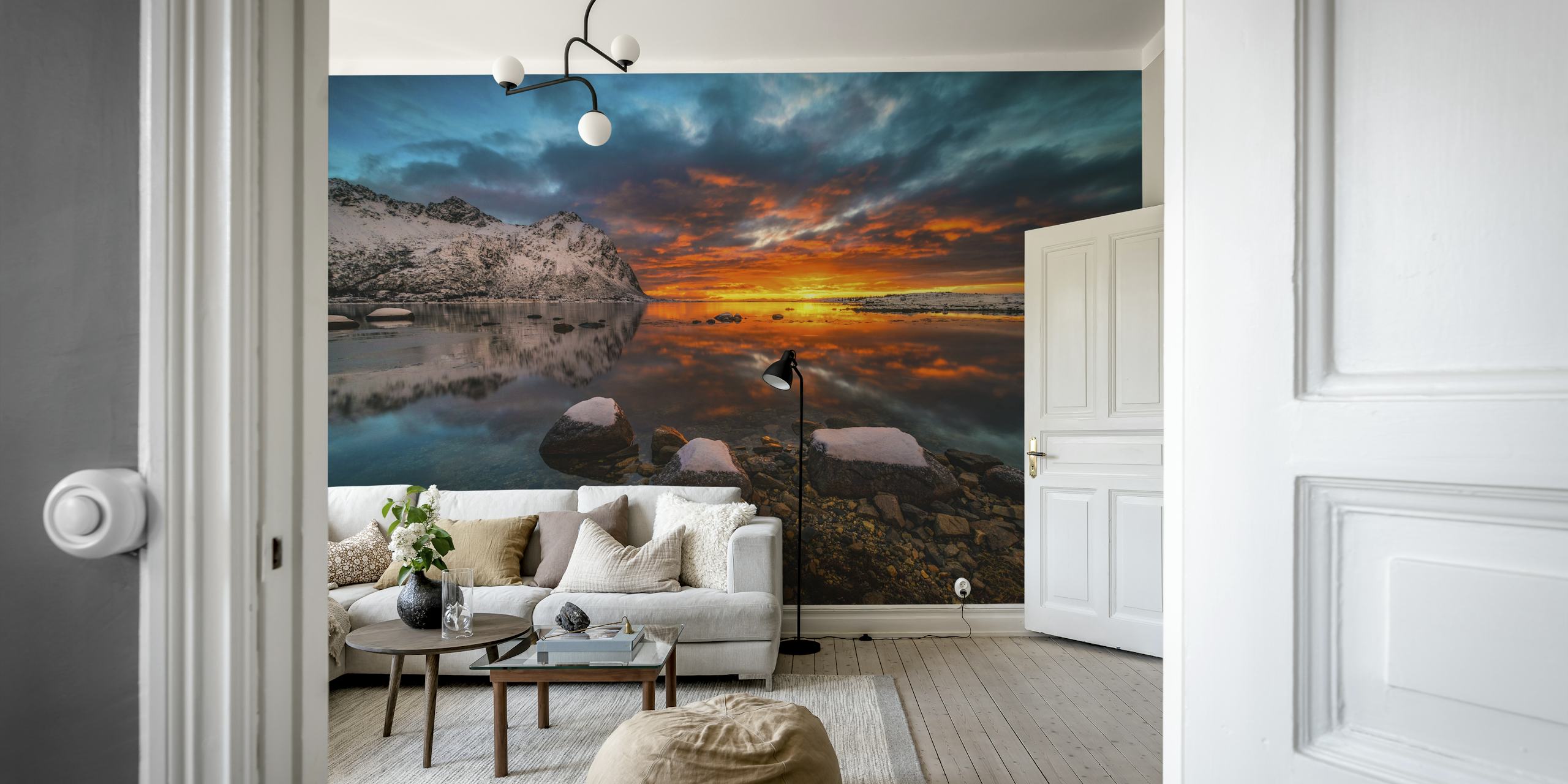 Sky on fire wallpaper in a room setting