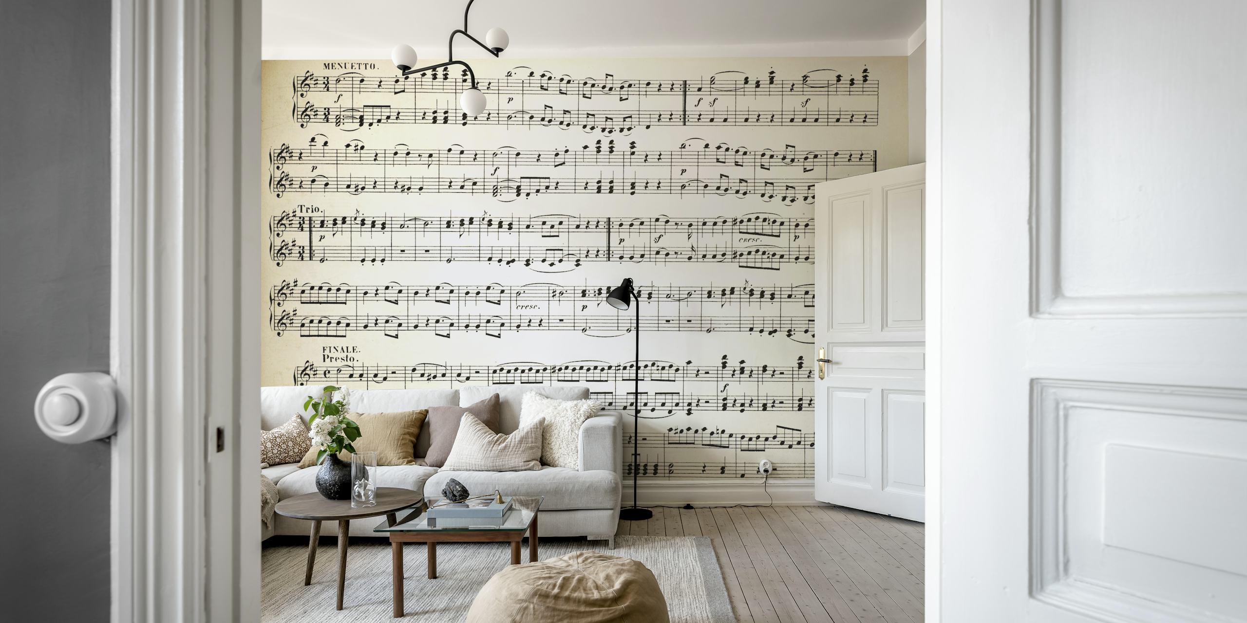 Vintage sheet music design in black and white wallpaper