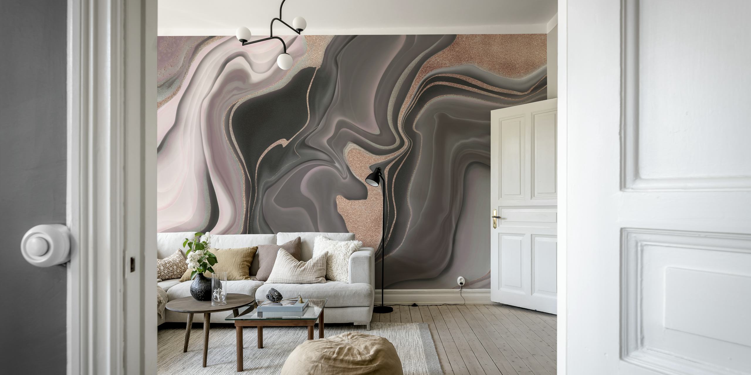 Abstraktní design nástěnné malby z růžového zlata a krémového mramoru