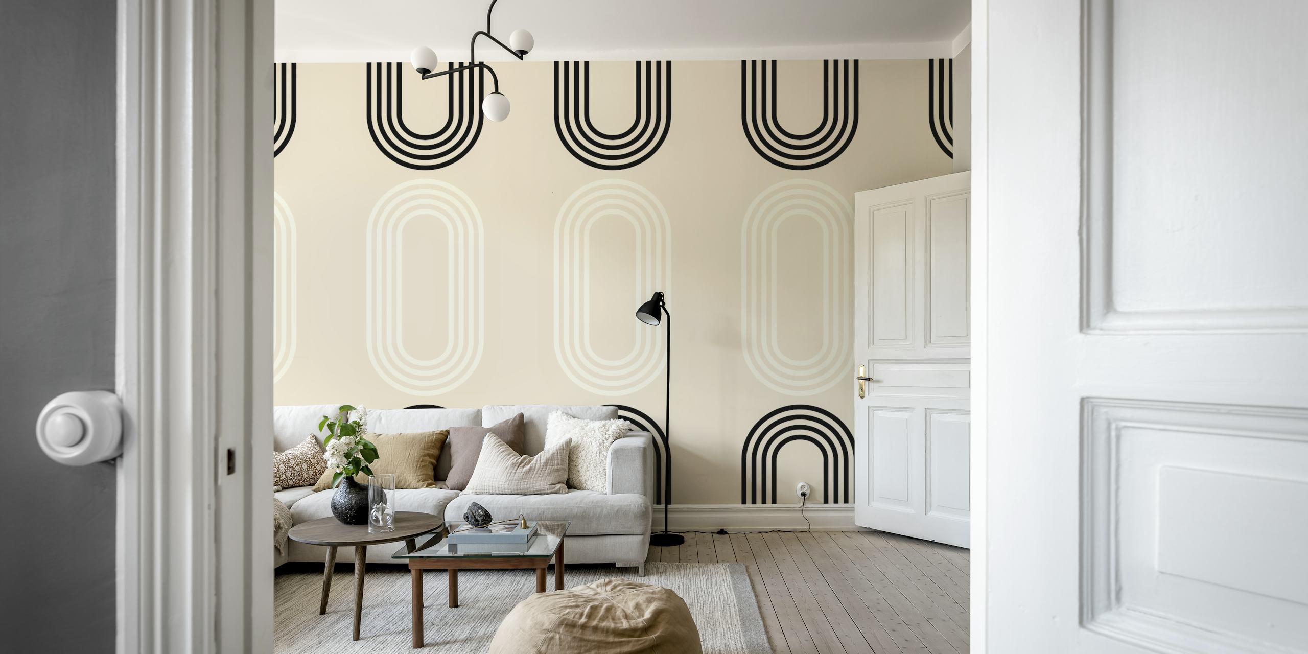 Geometric black and white curved pattern wallpaper