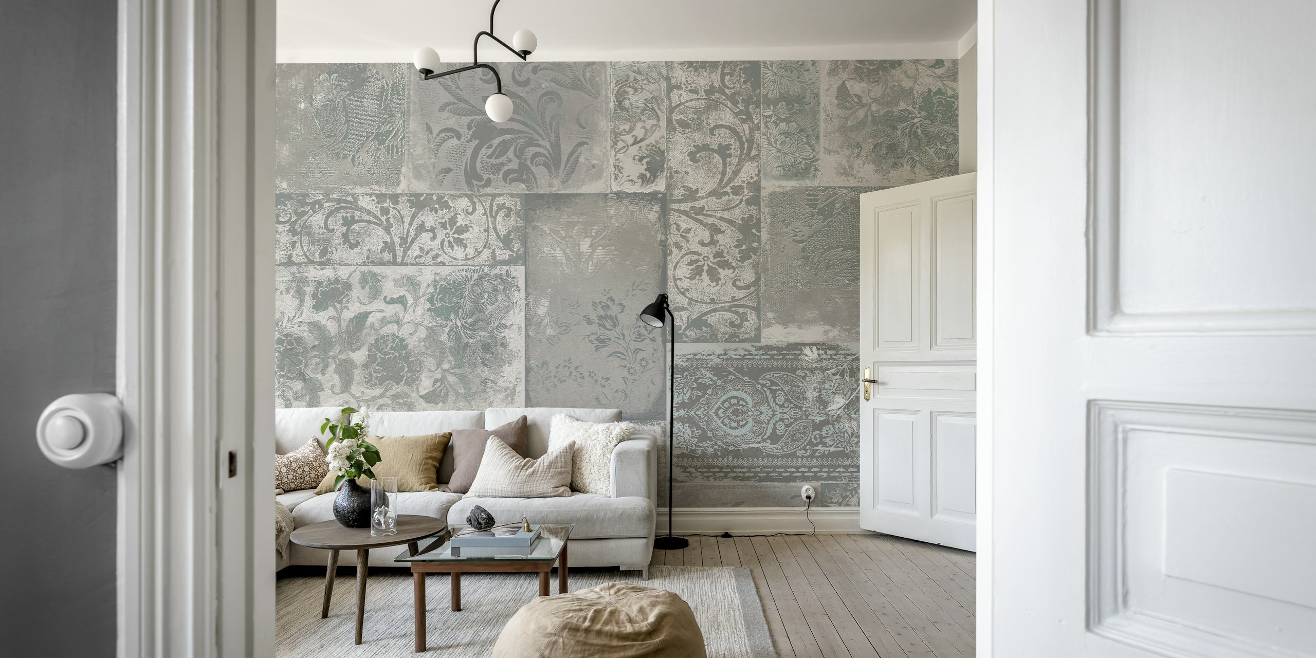 Bohemian Patchwork grey mint wallpaper in a room