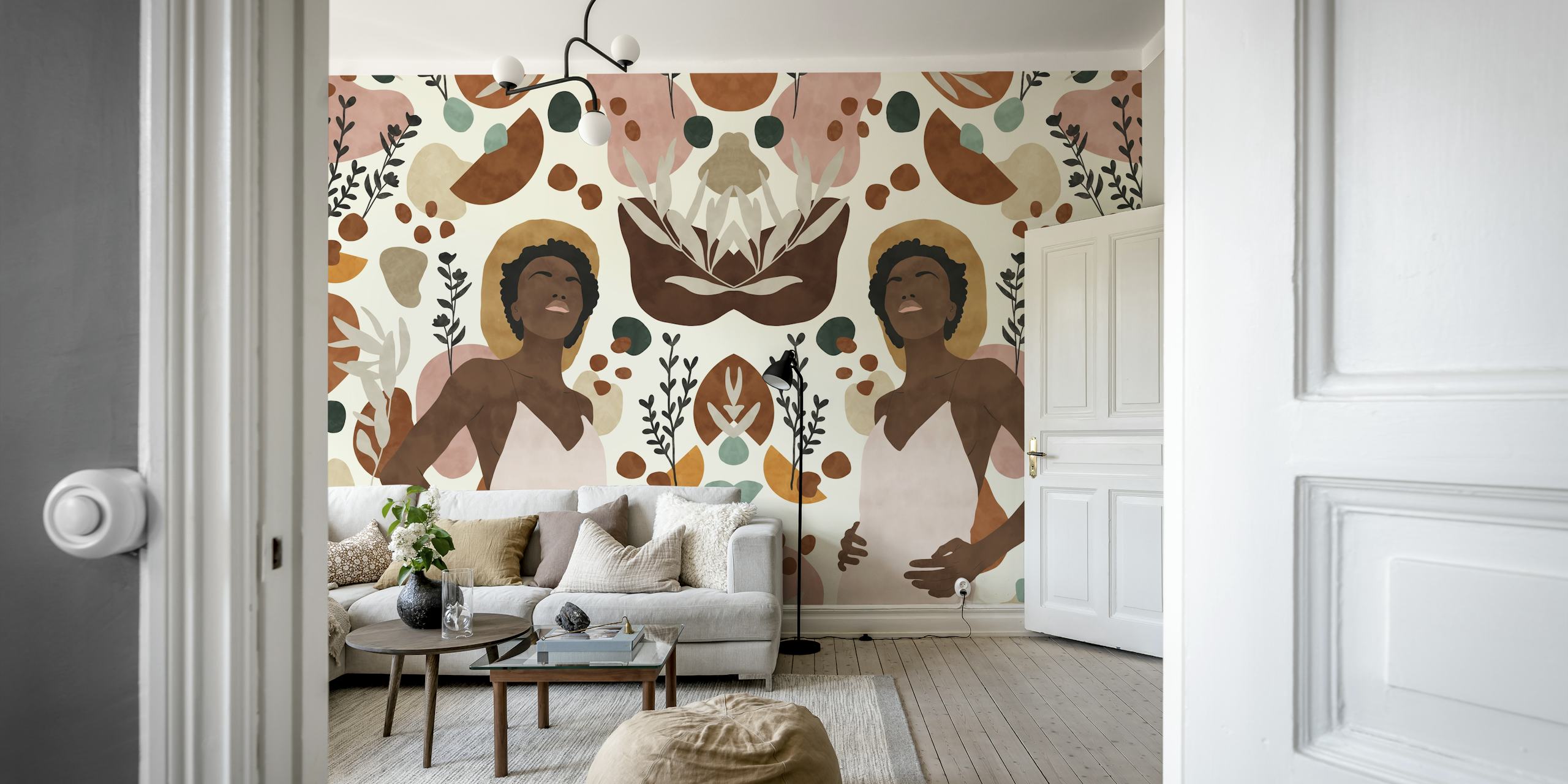 Floral and abstract design wallpaper in warm earthy tones with figures