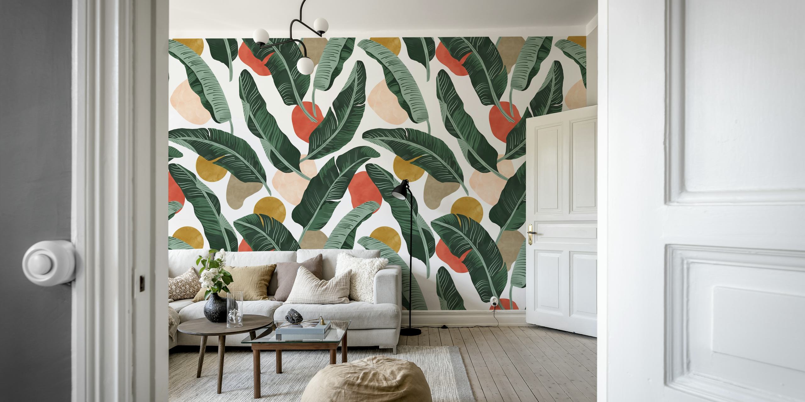 Tropical green banana leaves on white background wallpaper