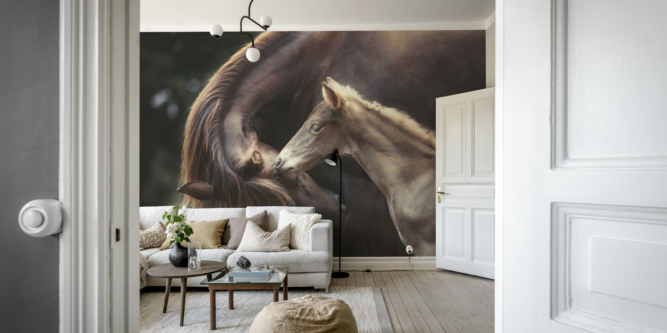 Mare and foal sharing a gentle moment in The Bond wall mural