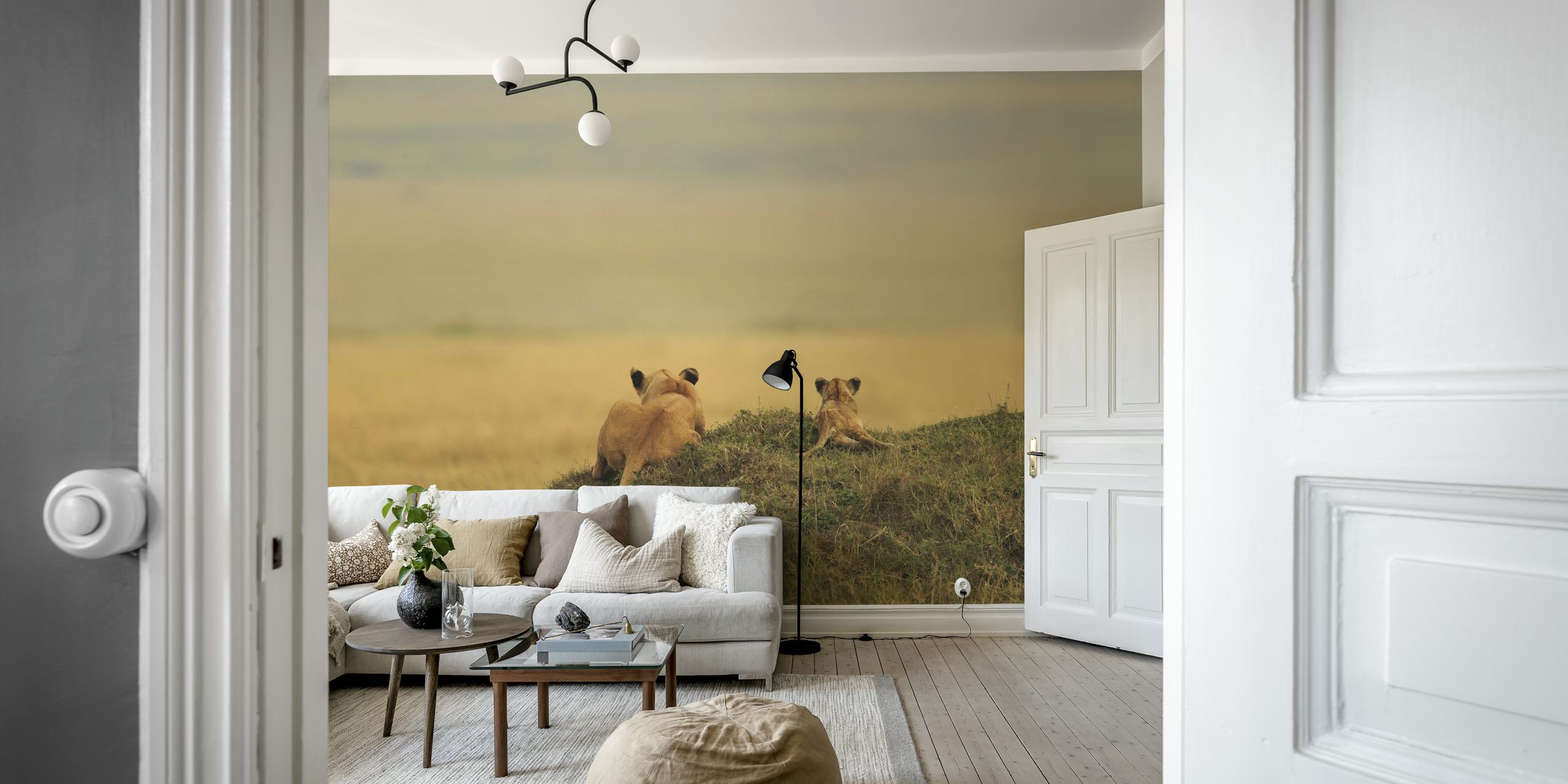 Lion mother and cub overlooking a savanna landscape wallpaper