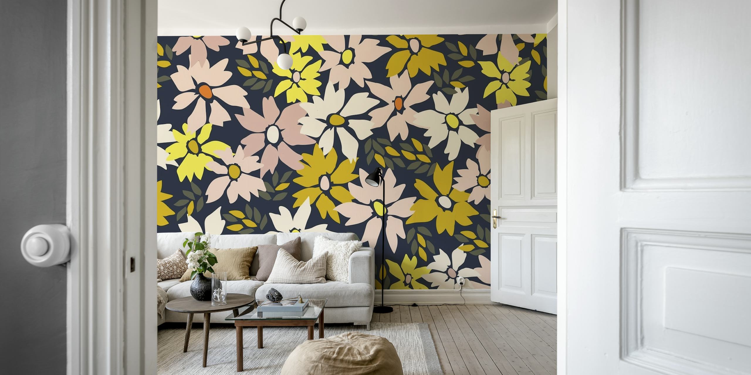 Floral wall mural with a dark background featuring an array of blossoms in soft colors