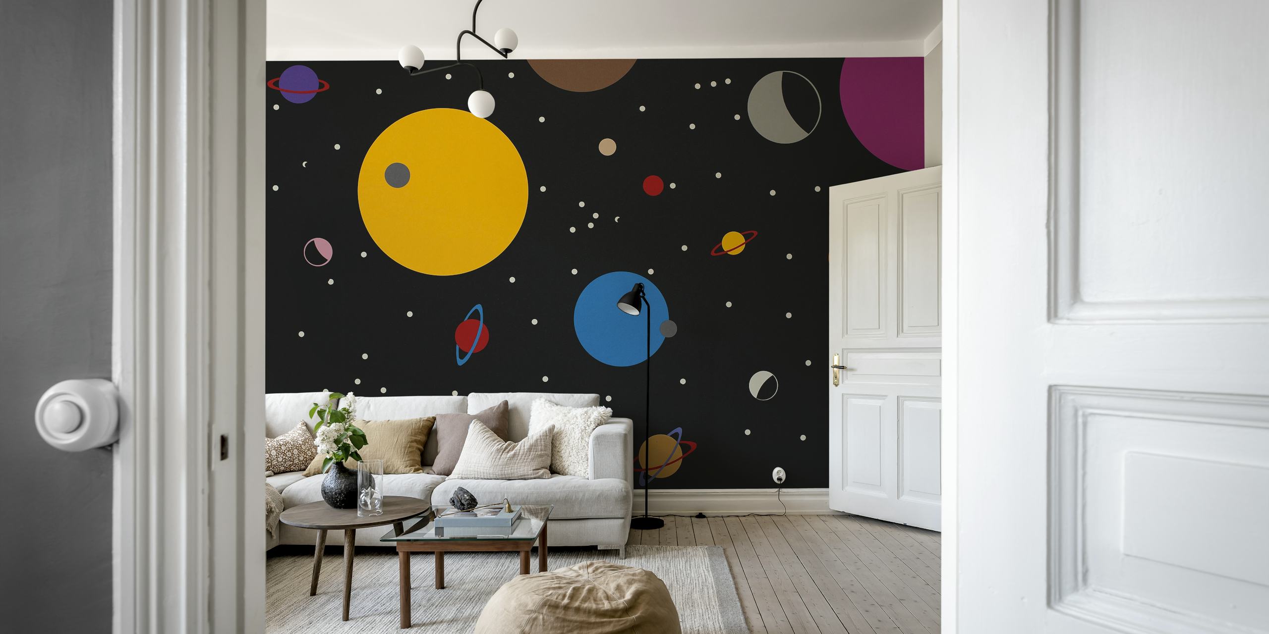 Colorful planets and stars on black background wallpaper