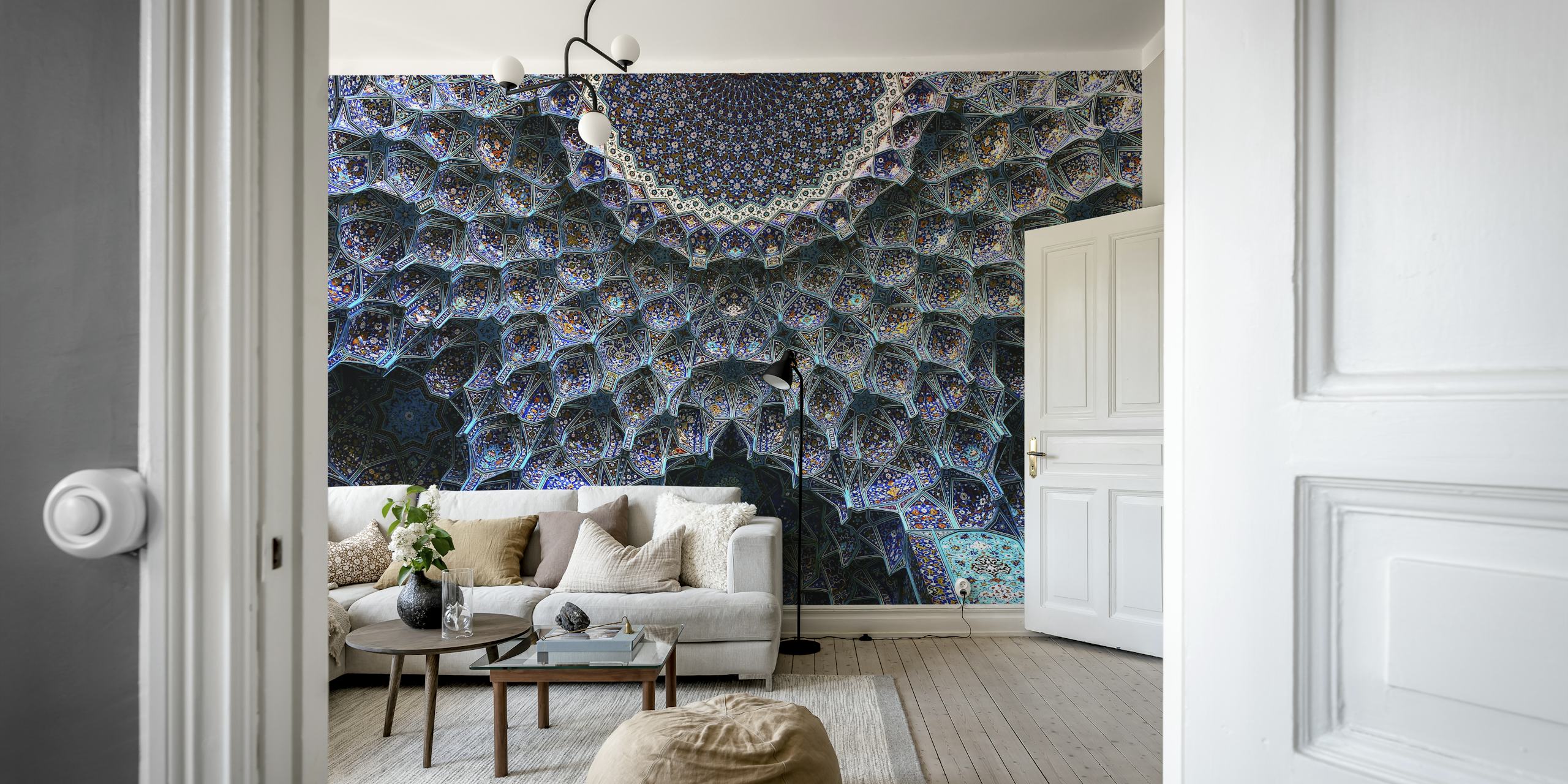 Geometric patterned blue and turquoise mosque wallpaper