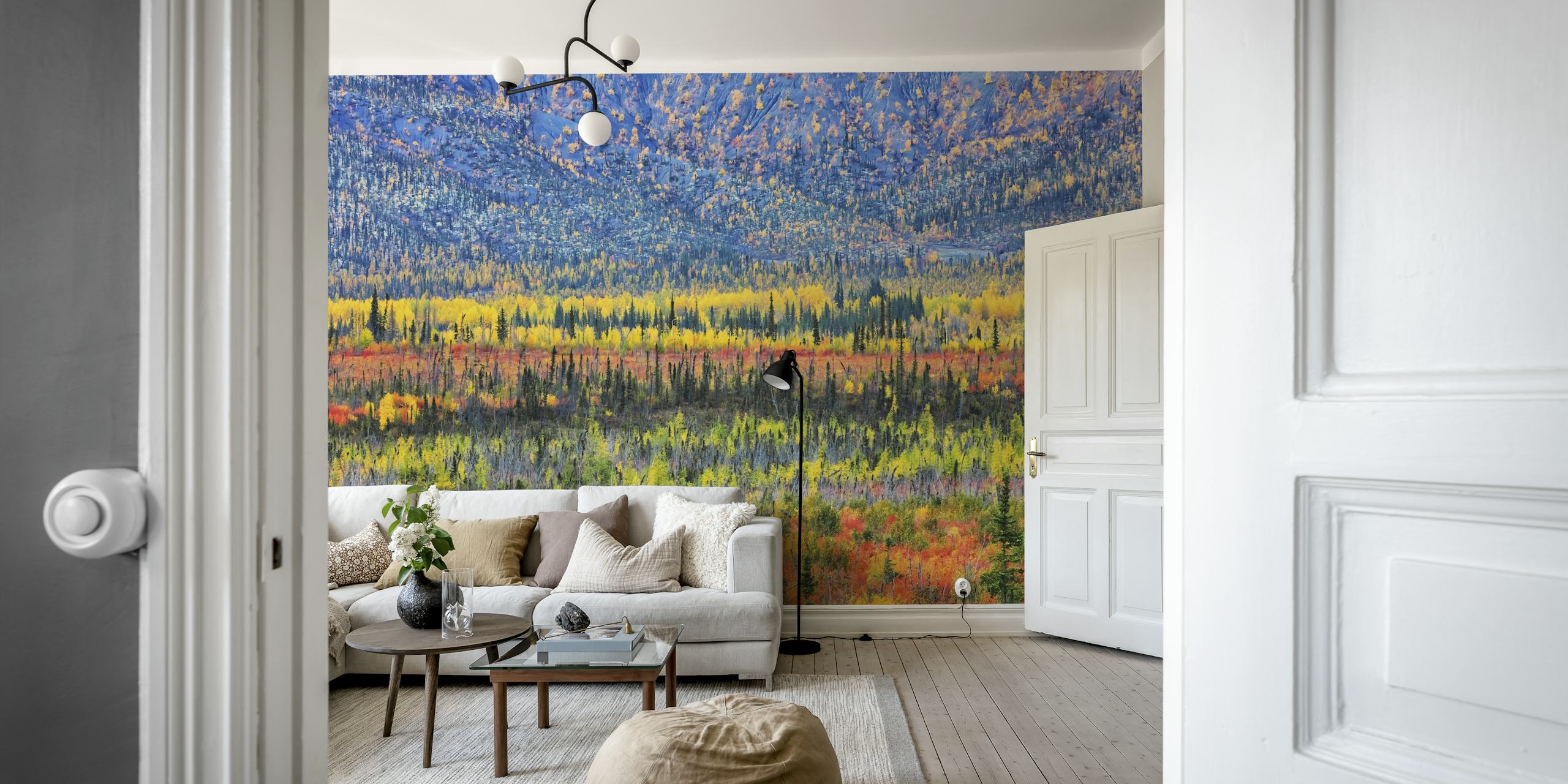 Fall landscape wallpaper in a room