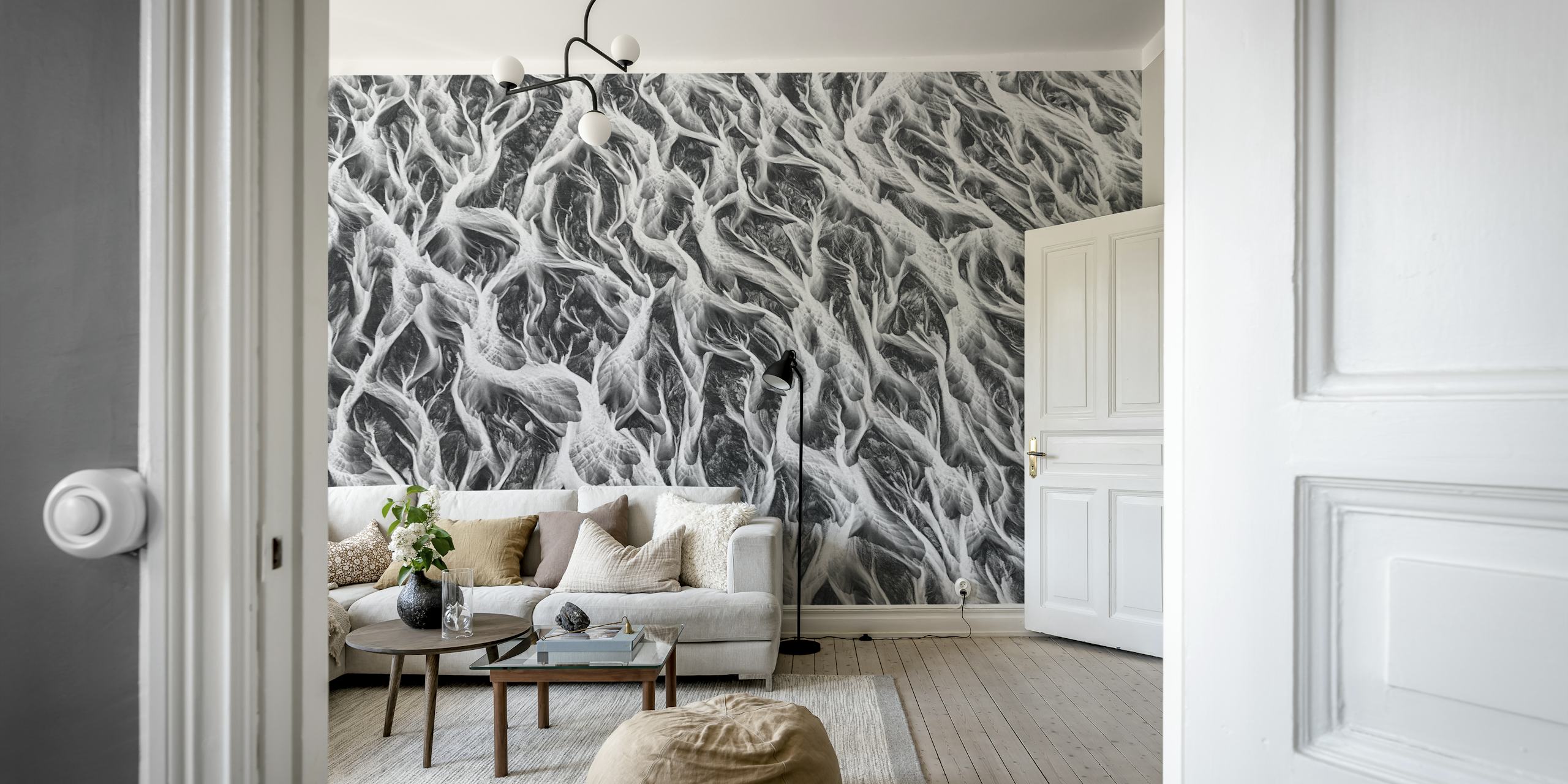Wide river shapes wallpaper design in a room