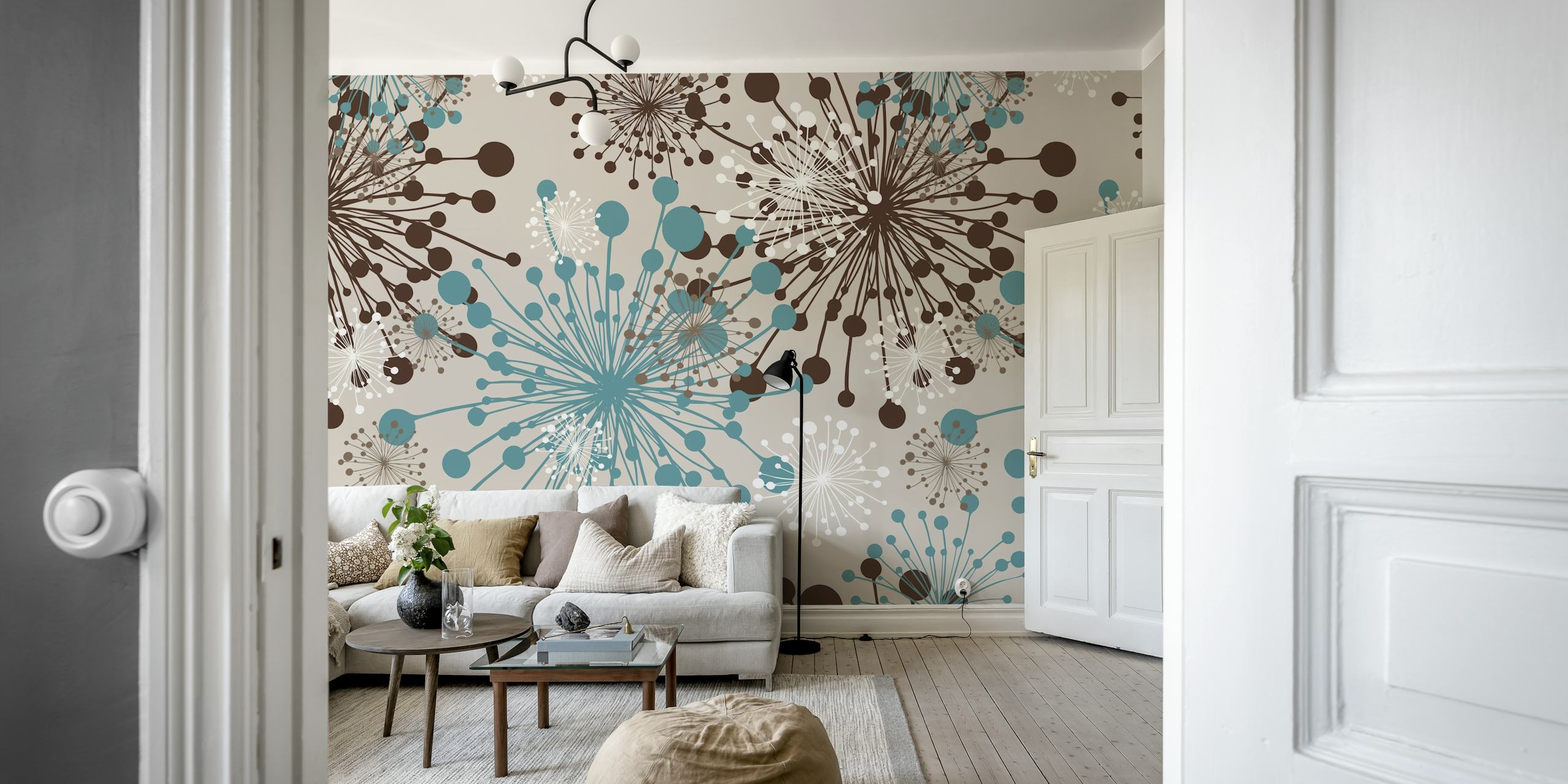 Dandelions grey teal brown Tapete in einem Raum