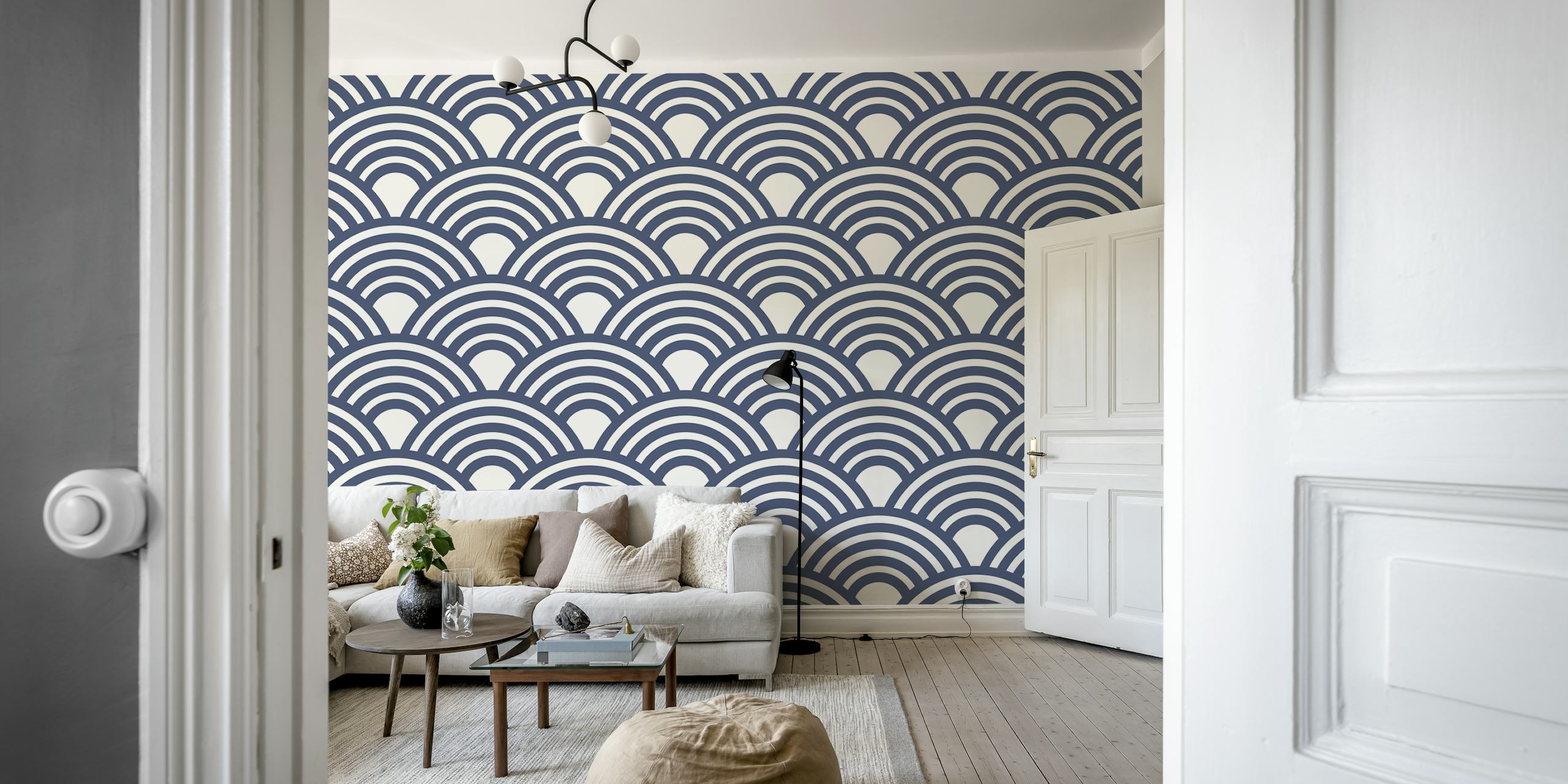 Navy blue wave pattern with circular arches wallpaper