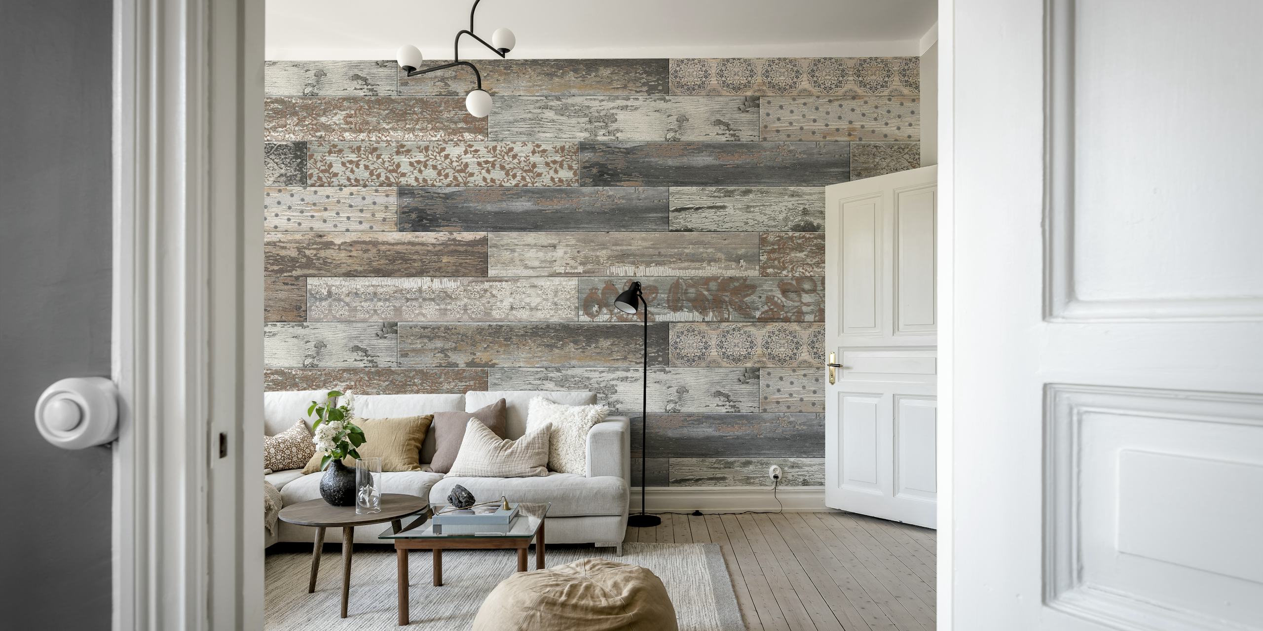 Vintage wood tiles wallpaper in brown and grey colors with unique patterns.