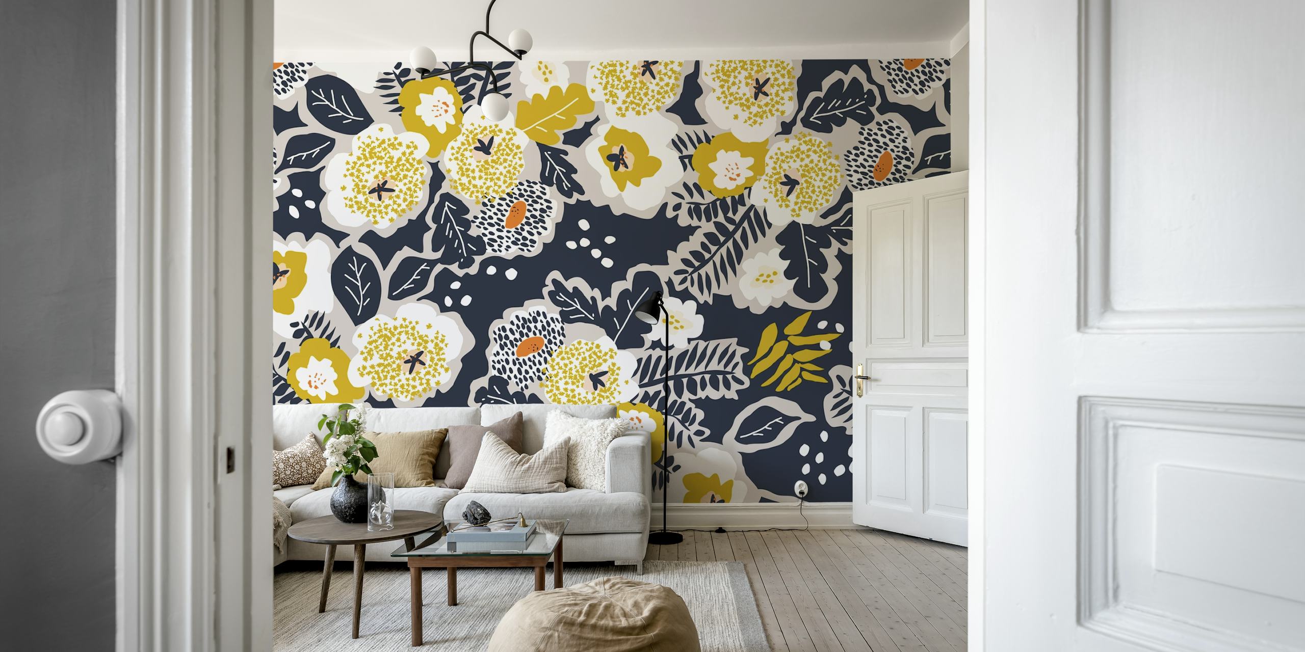 Skandinavisk stil blomster tapet med en blanding af gule, hvide og sorte blomster