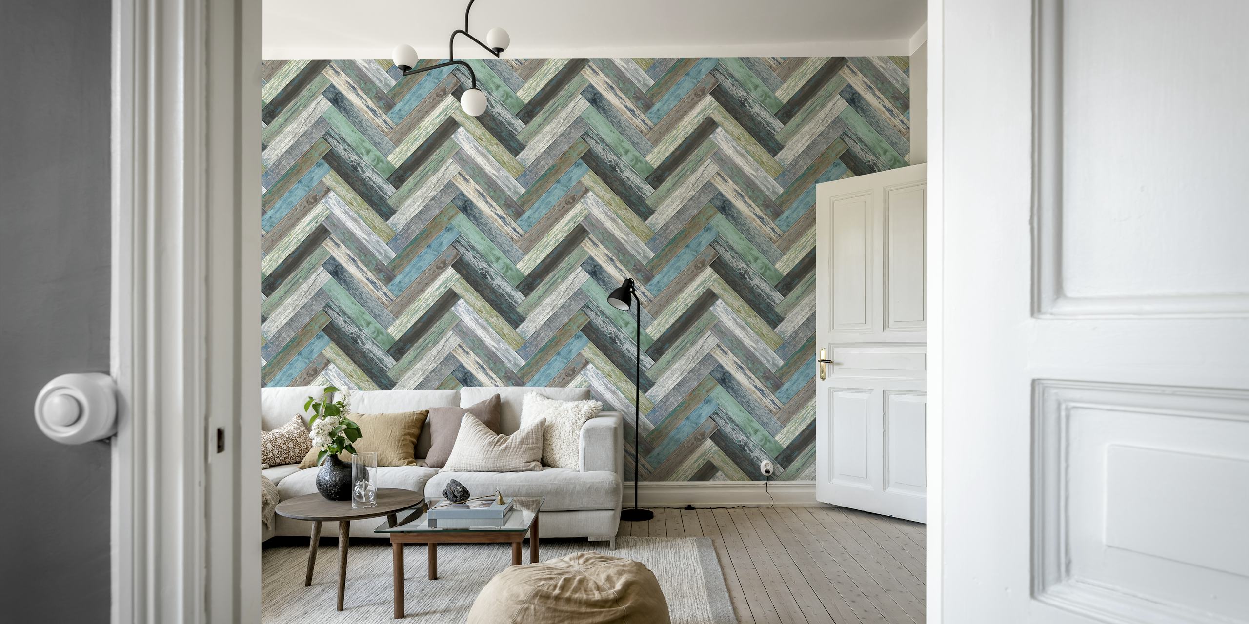 Wandbild „Chevron Wood Green Blue“ mit einem Chevron-Muster in Blau- und Grüntönen.