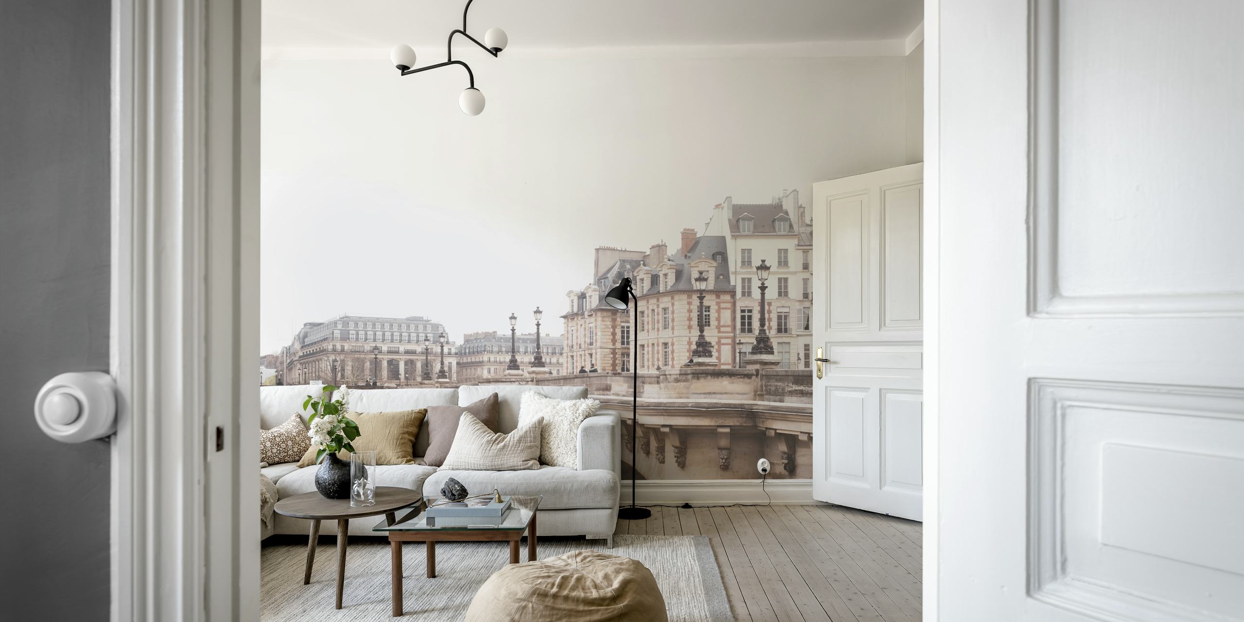 Paris city bridge with historical buildings, neutral colors wall mural