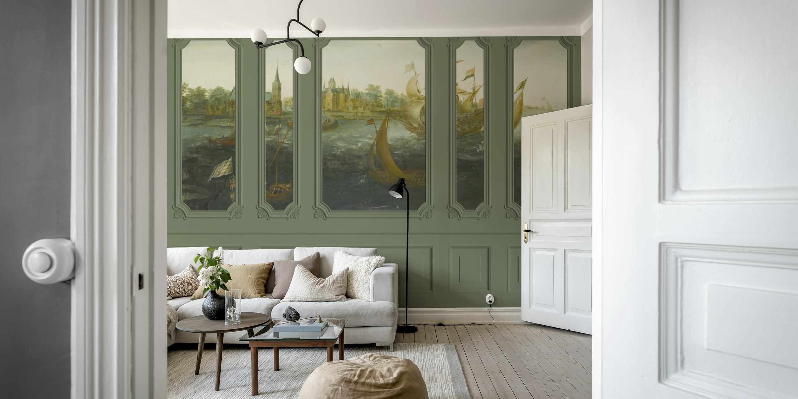 Sailing ships and coastal scenery in viridian green wallpaper