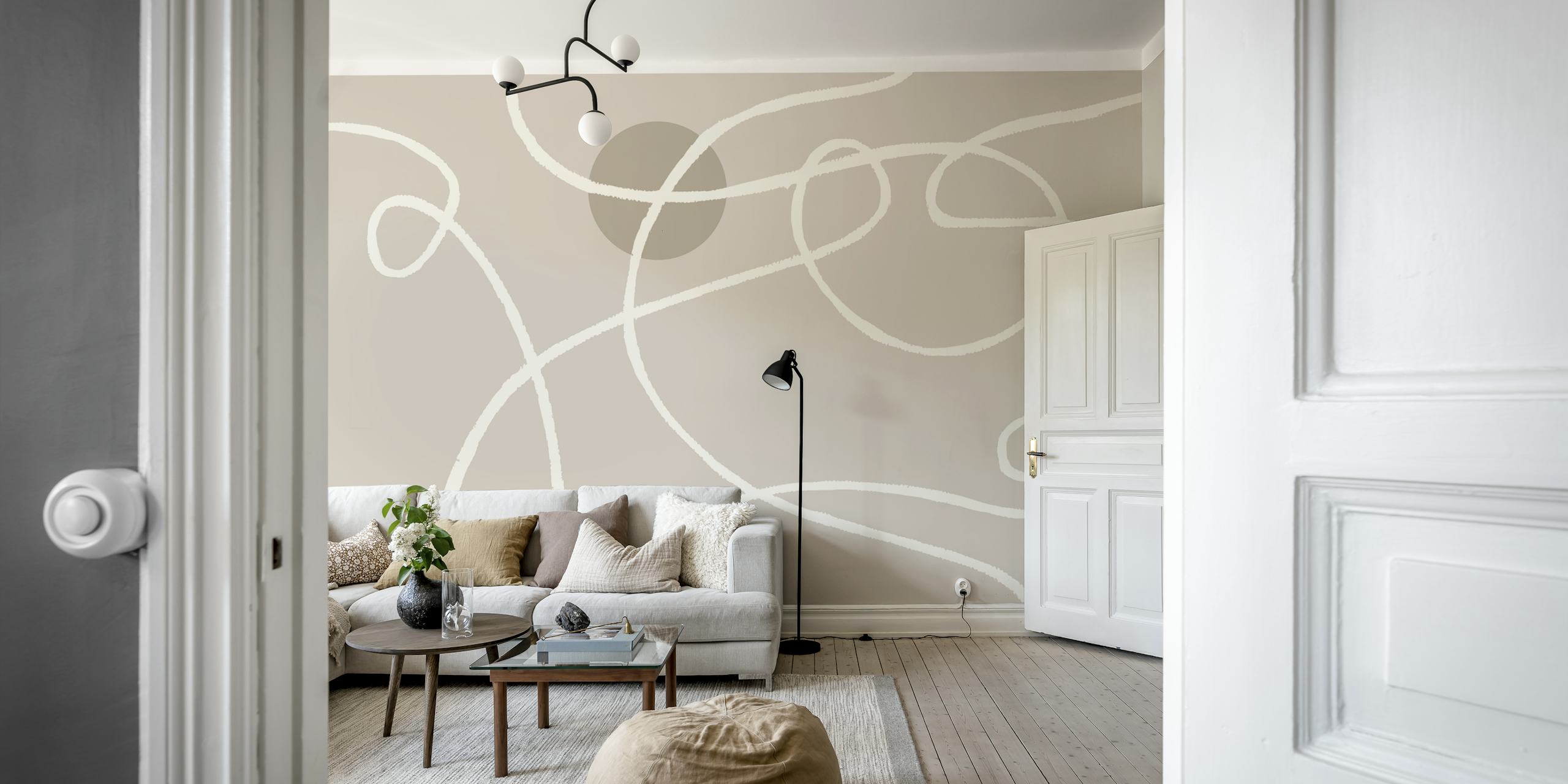Curved lines in cream and taupe abstract pattern wallpaper