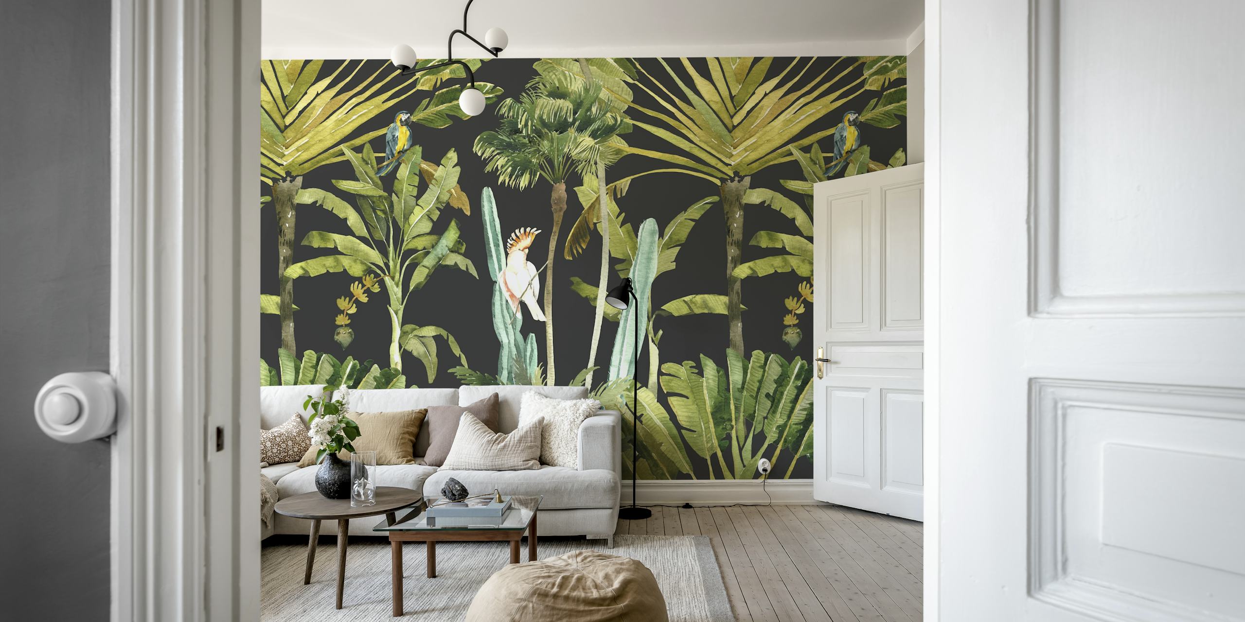 Tropical palm leaves, exotic birds, green foliage wallpaper