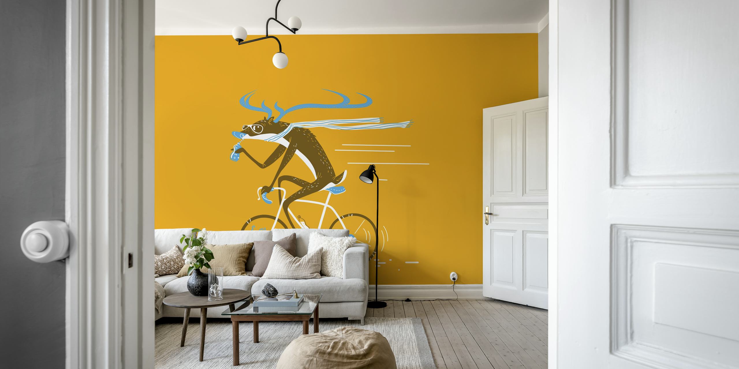 Whimsical deer riding a bike with vibrant yellow background wallpaper