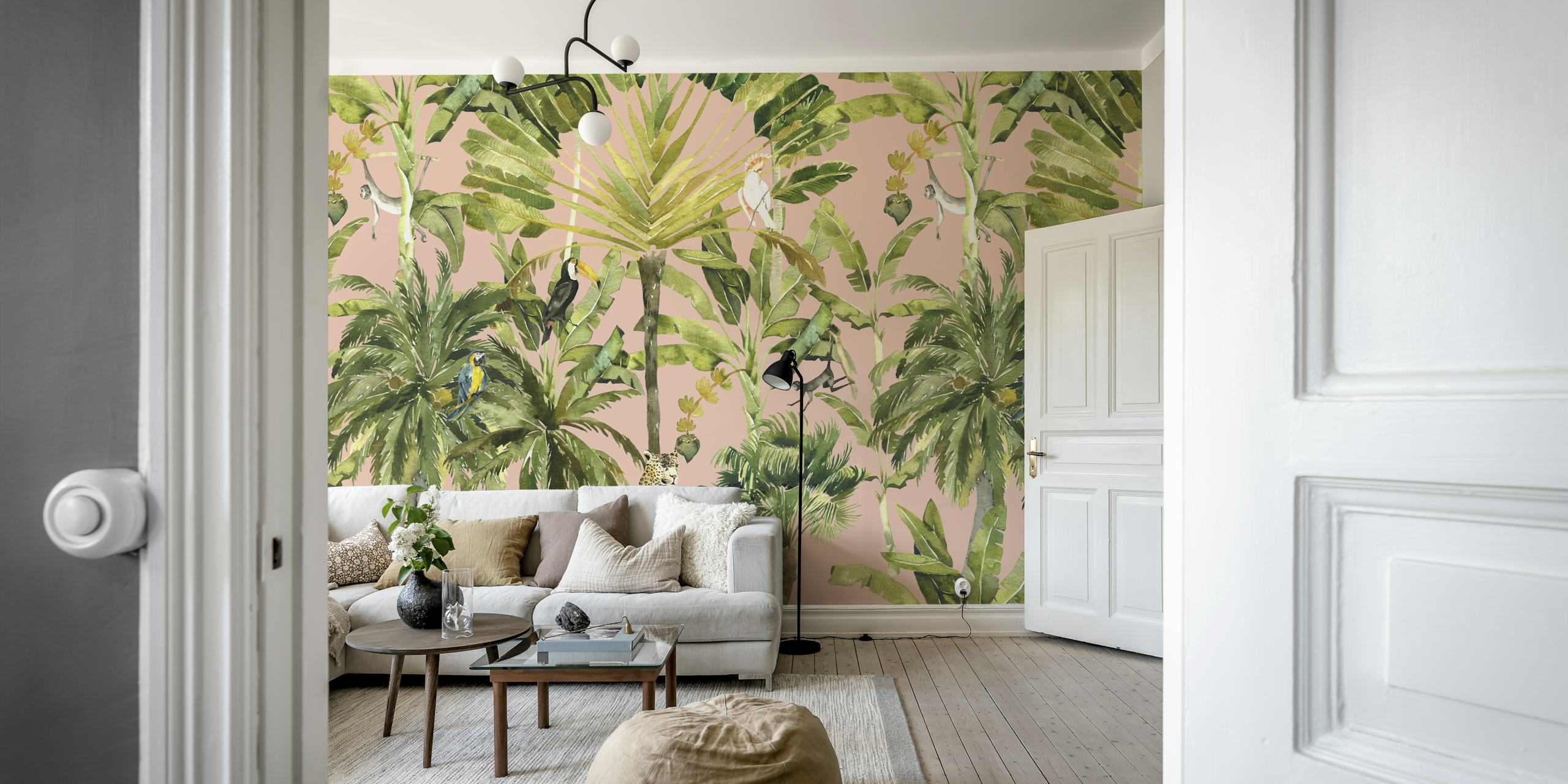 Tropical Wildlife in Watercolor Style Tapete in einem Zimmer