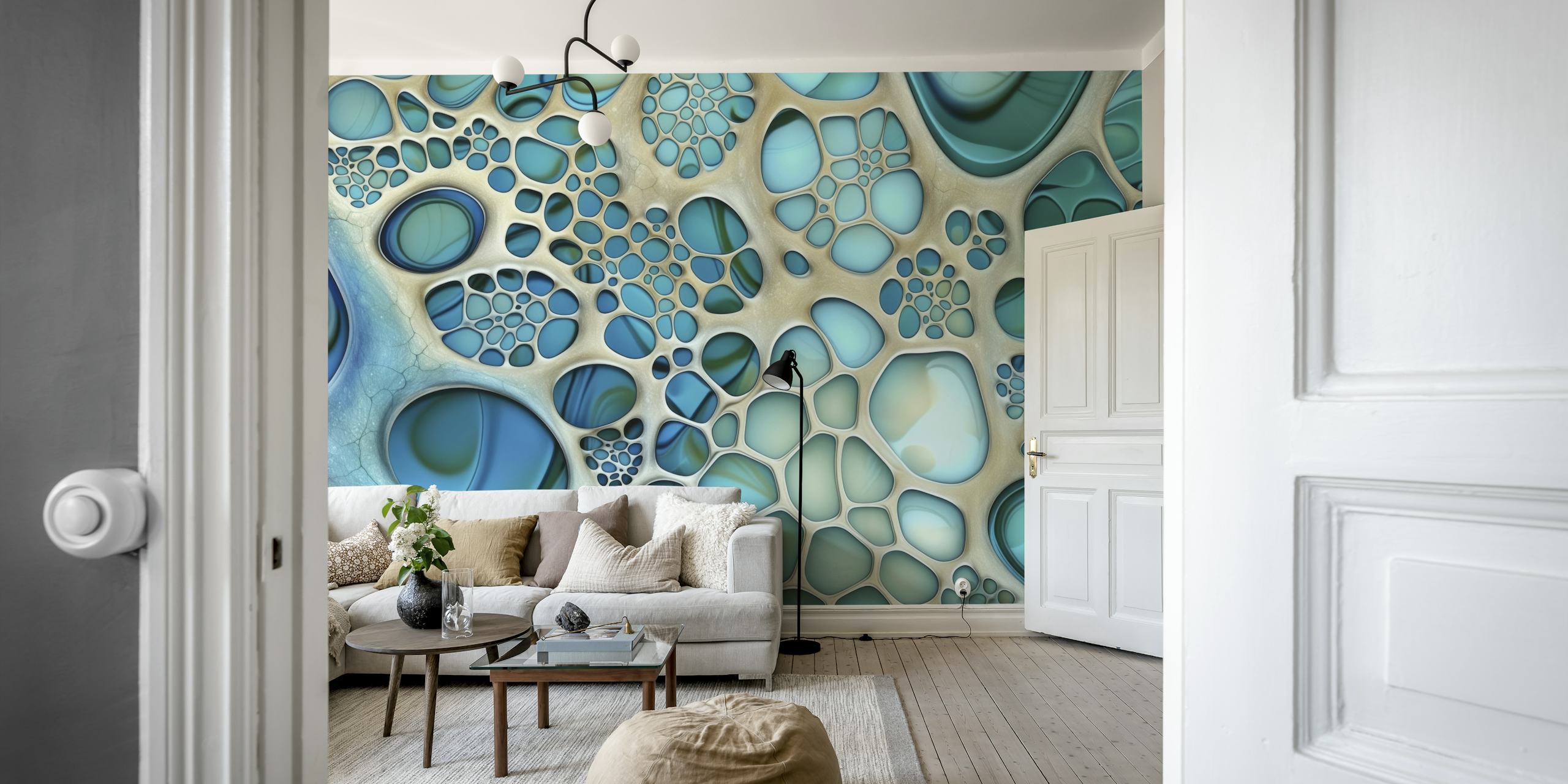 Abstract blue bubble patterns in varying sizes wallpaper