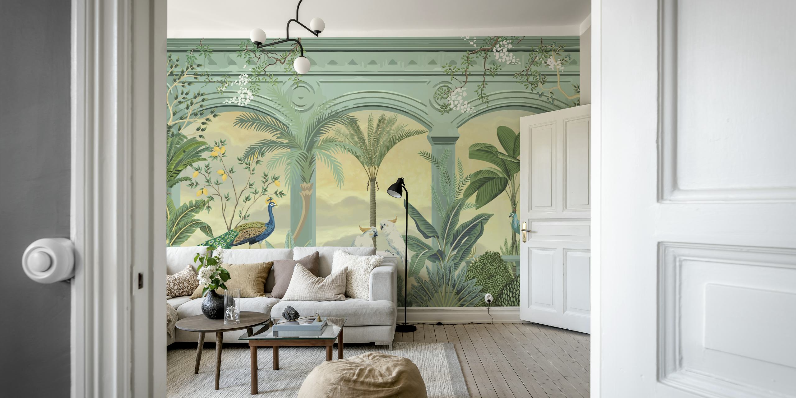 Tranquil Peacock Palace wallpaper in a room