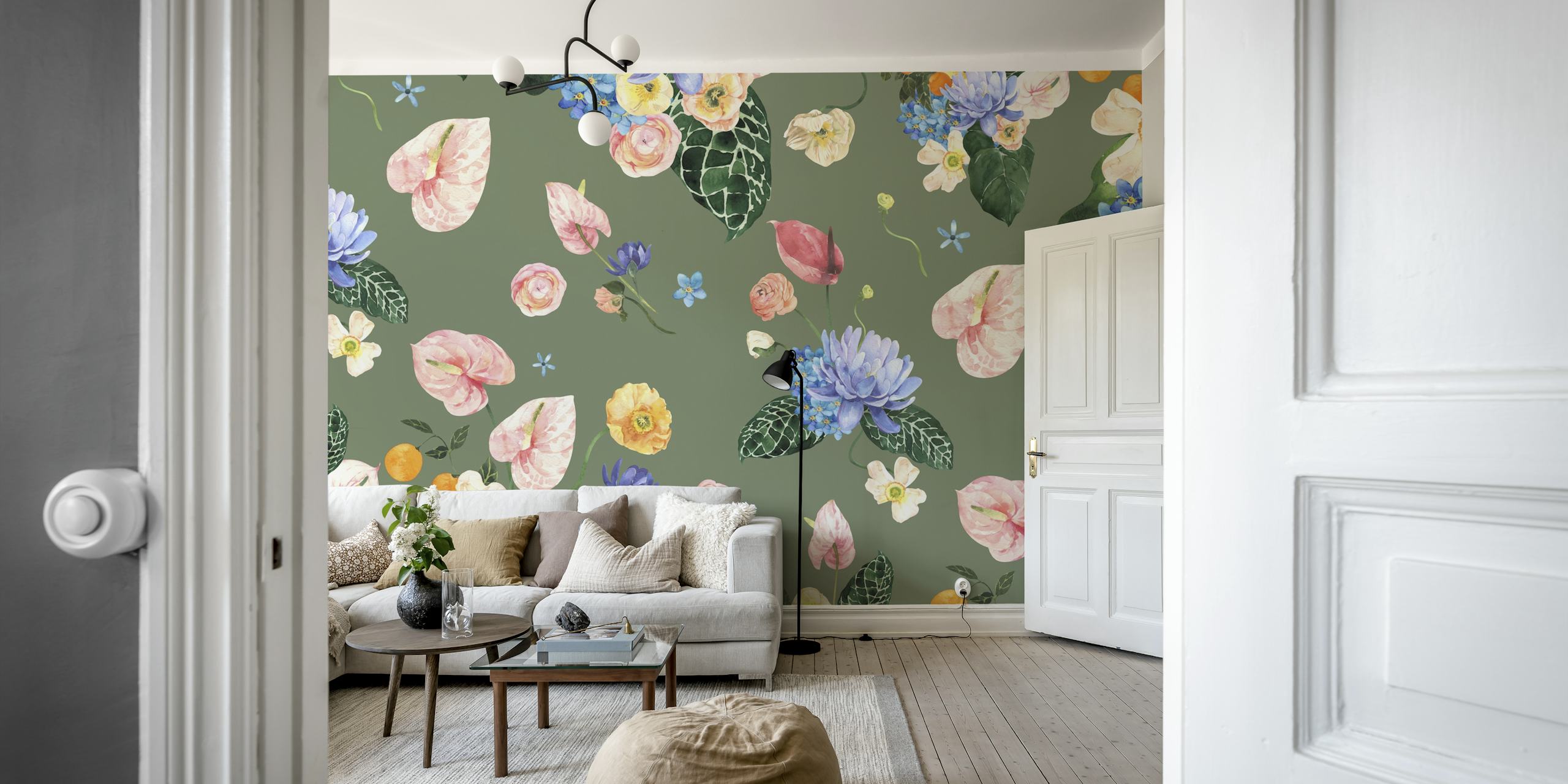 Colorful floral patterns with pink, blue, and yellow flowers on a green background wallpaper