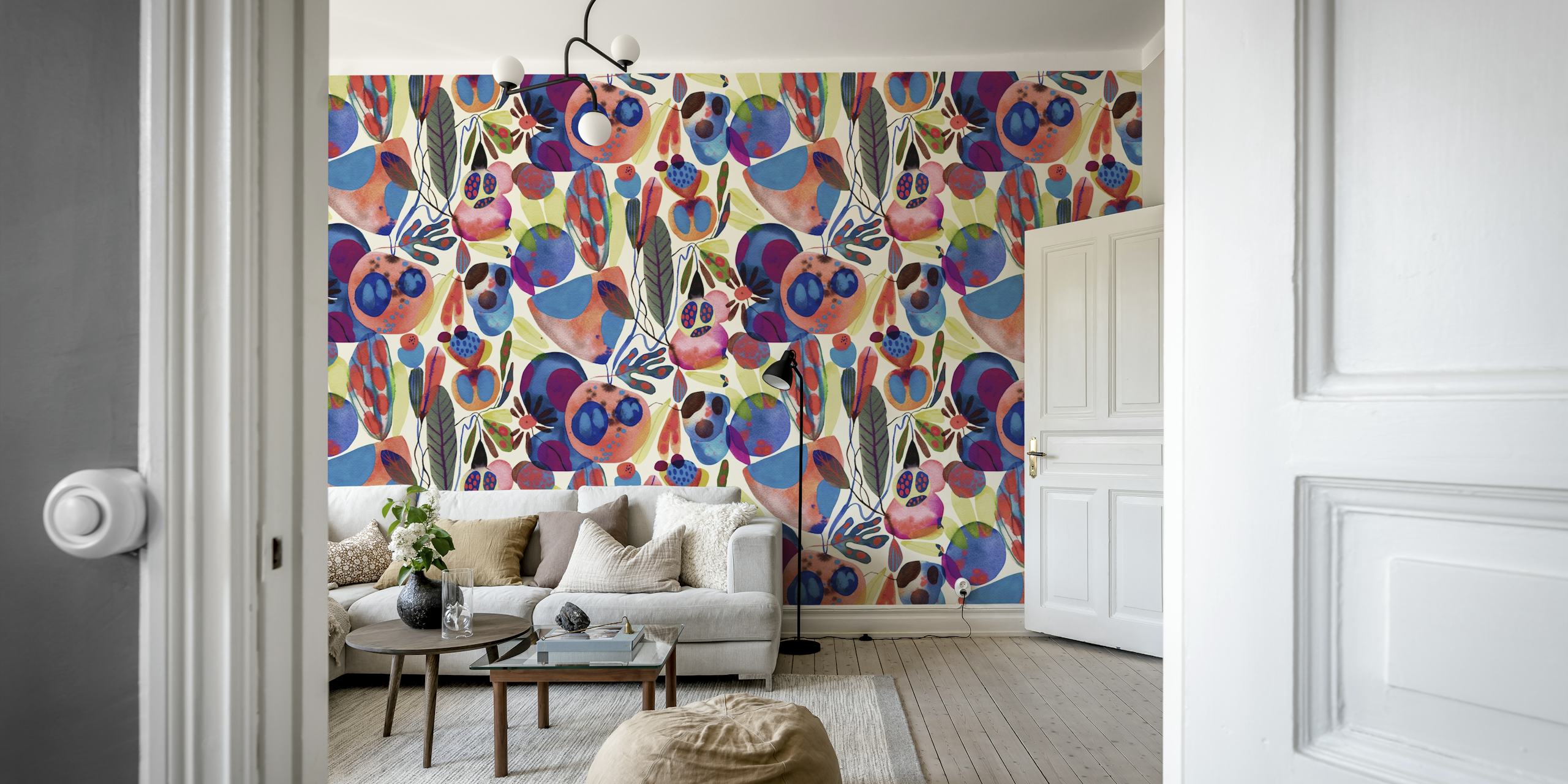 Colorful floral pattern with blue, red, and green elements wallpaper