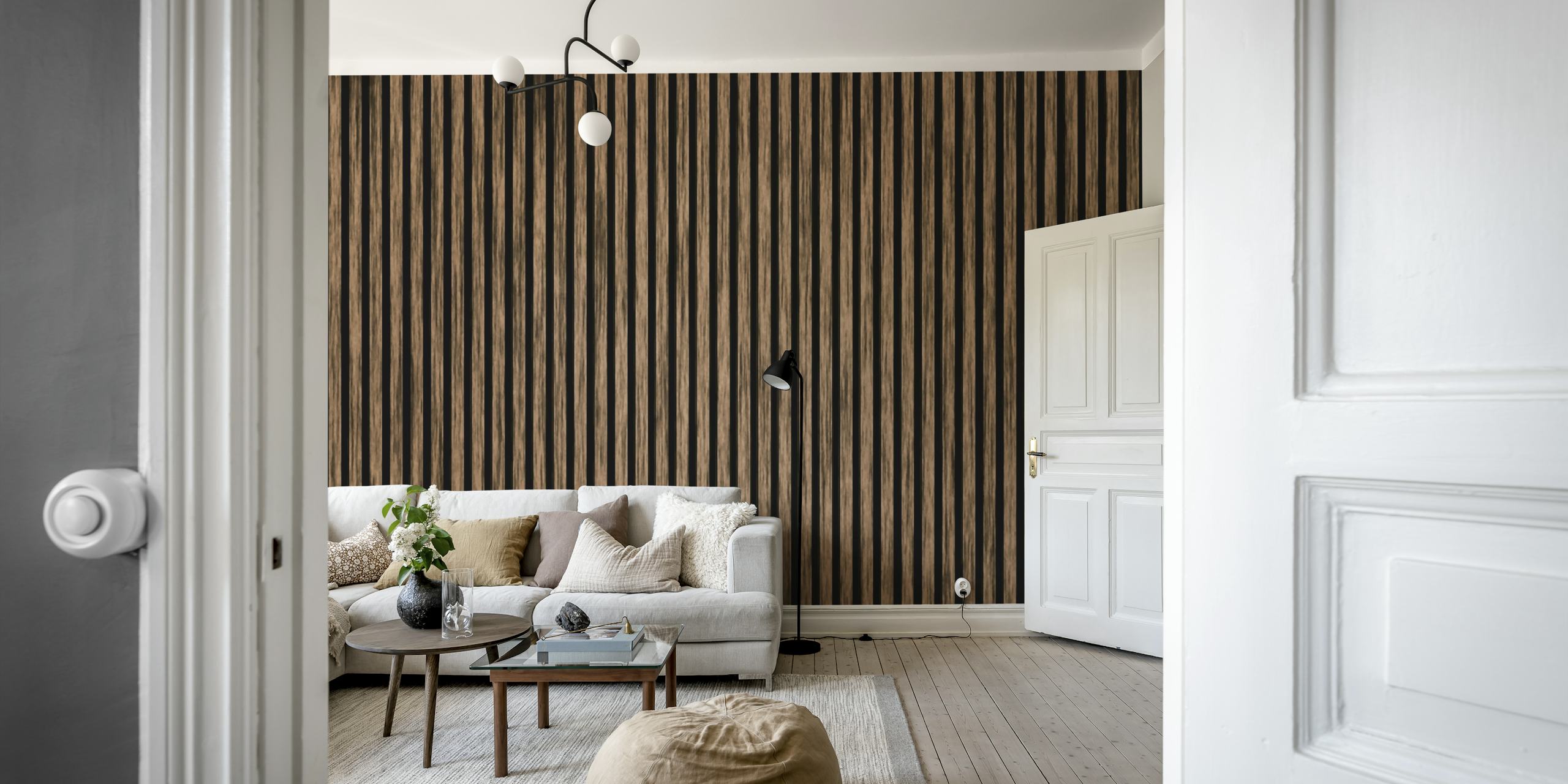 Timber-striped wallpaper in warm tones of brown and black