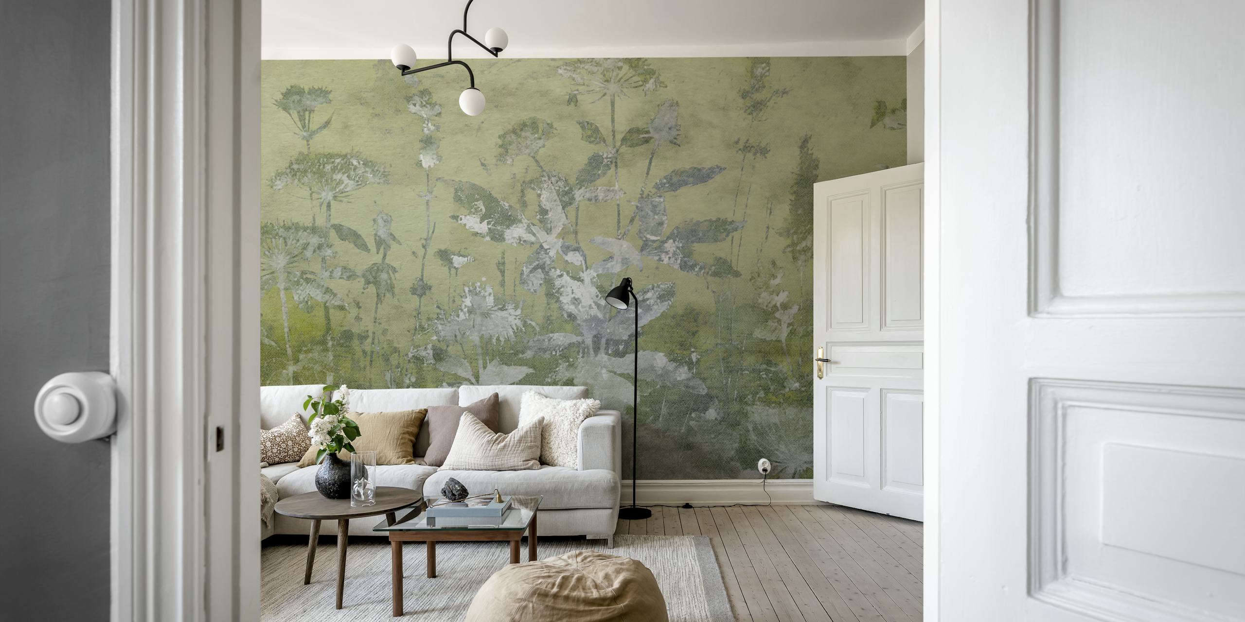 Green and grey floral pattern wallpaper with vintage style