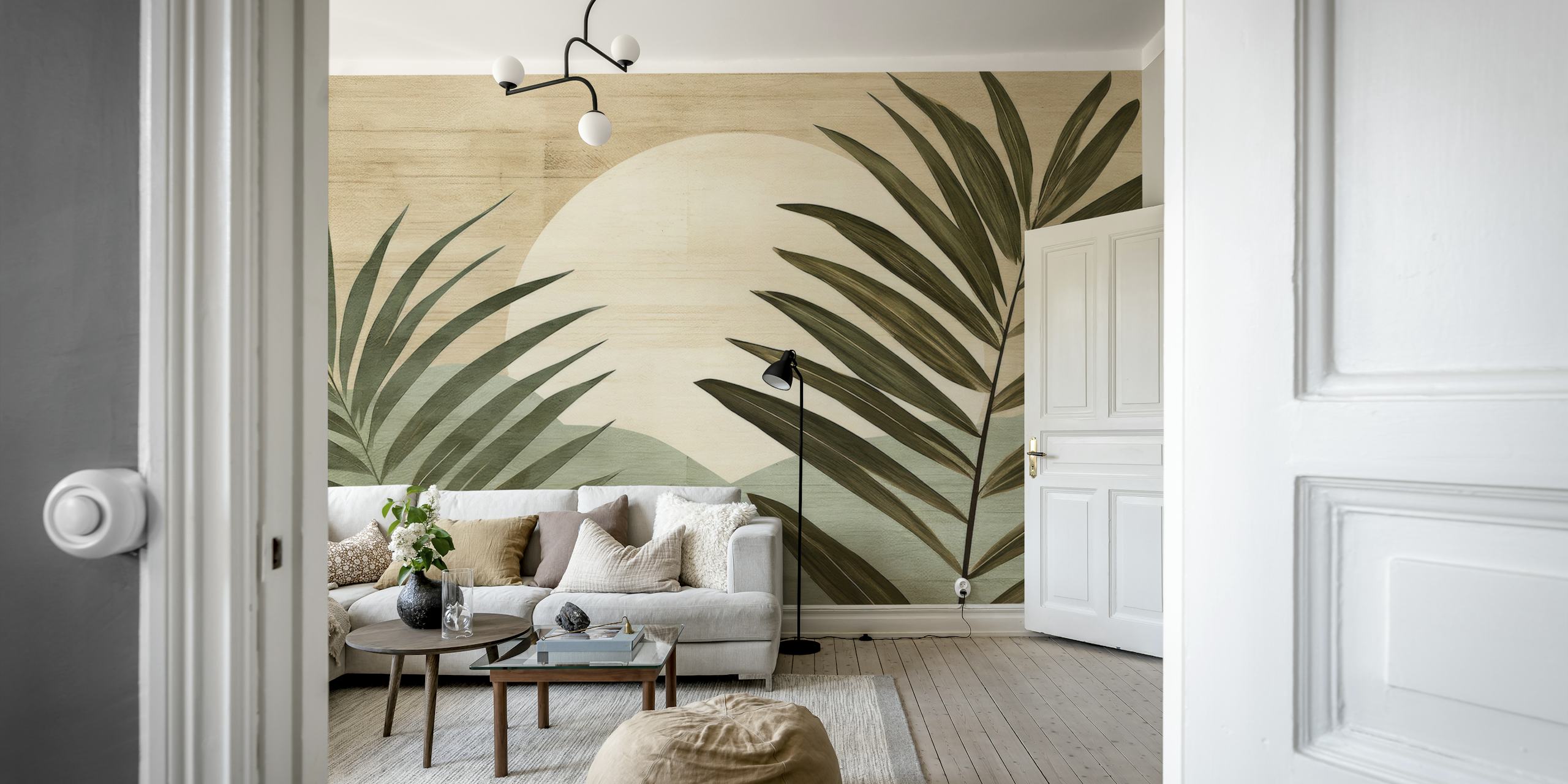 Warm Palms Panorama wallpaper displayed in a room