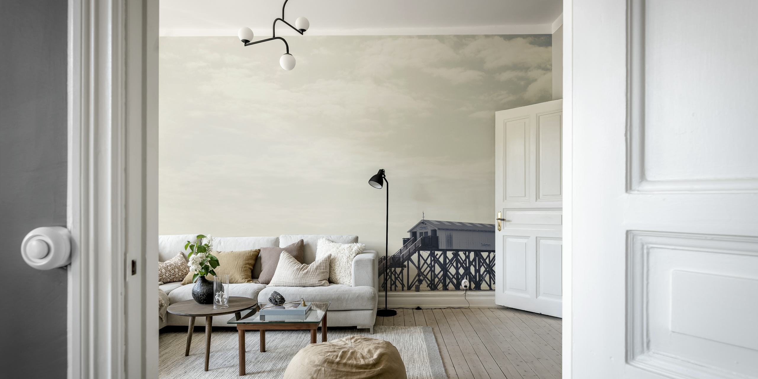 Serene beach scene wall mural with beach house and distant figures