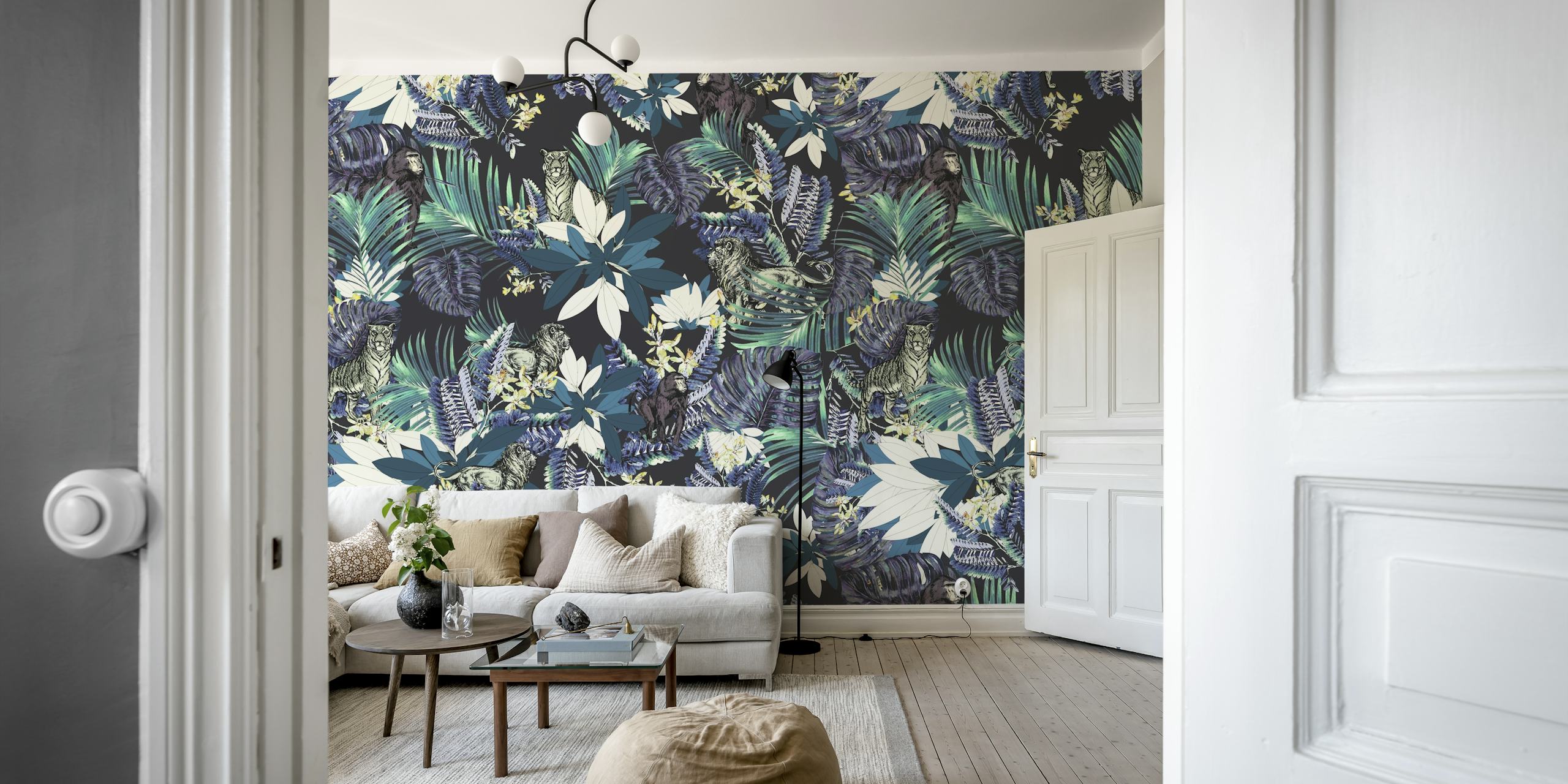 Tropical floral jungle design with tigers and ferns in dark colors wallpaper