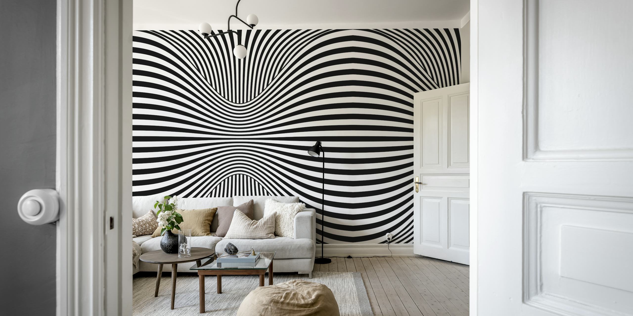 Groovy Retro Op-Art Stripe Warp wallpaper in a room