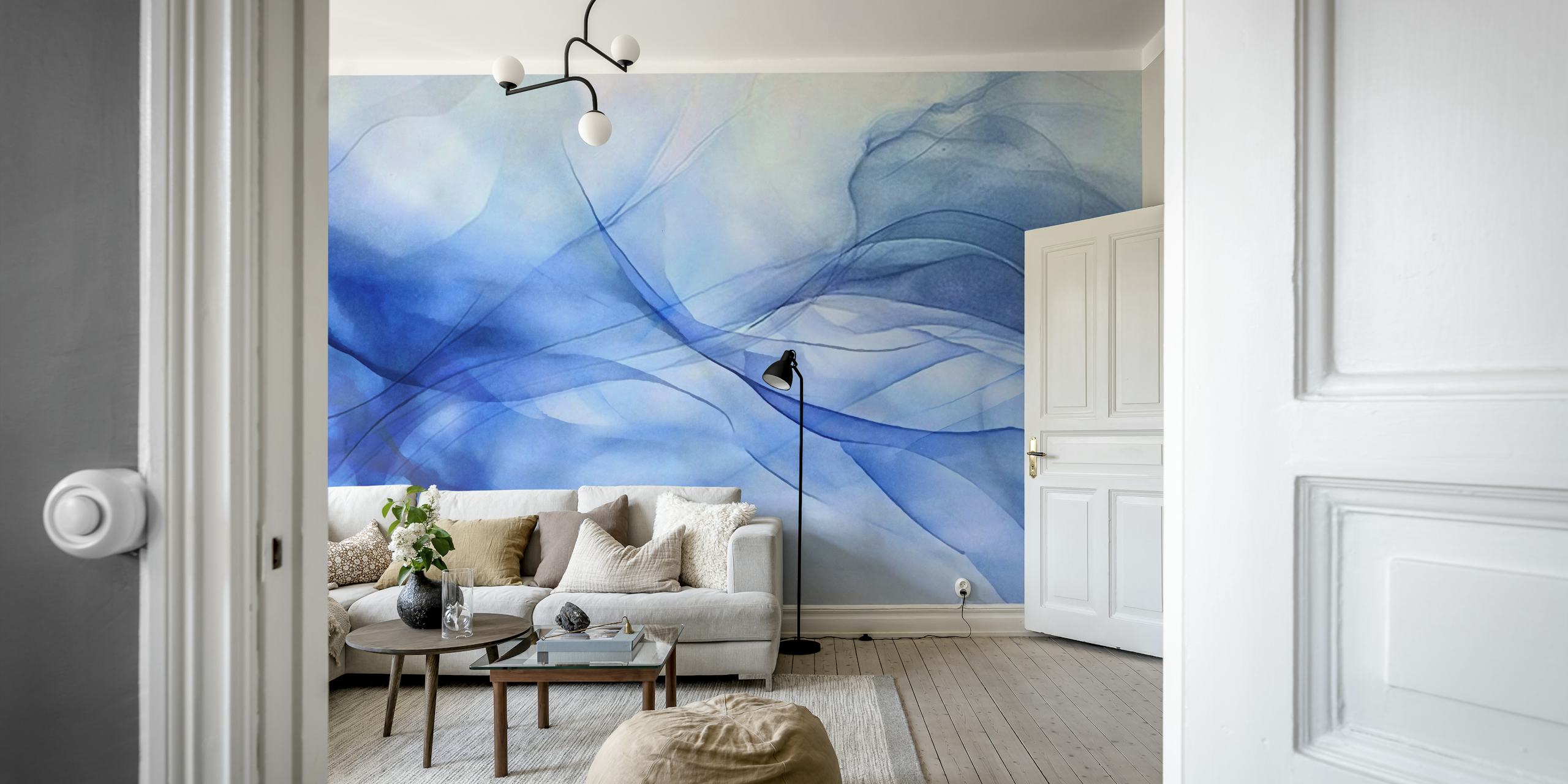 Abstract soft blue watercolor wallpaper with flowing lines