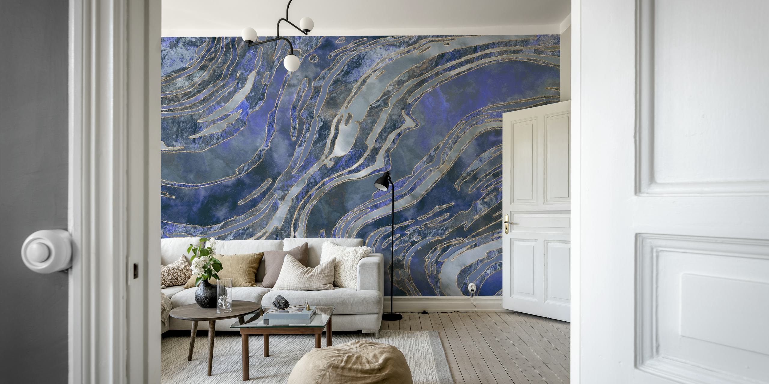 Ice Blue Marble wall mural featuring swirls of blue and white