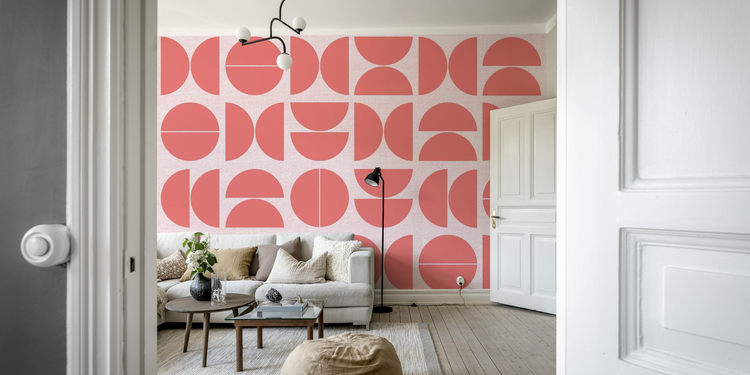Carta da parati Pastel Crimson Bauhaus esposta in una stanza