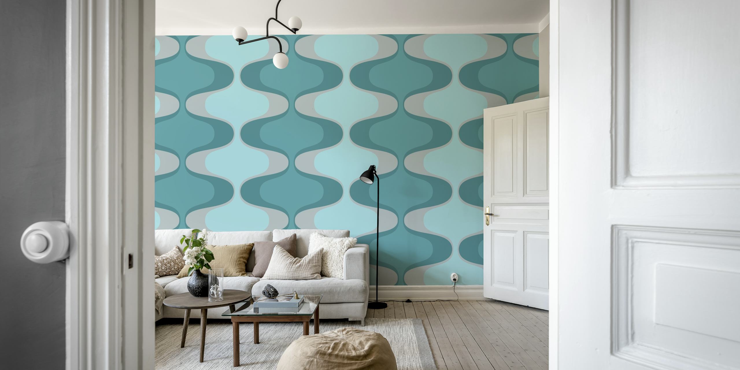 Geometric shapes in teal, light blue, and gray abstract pattern wallpaper