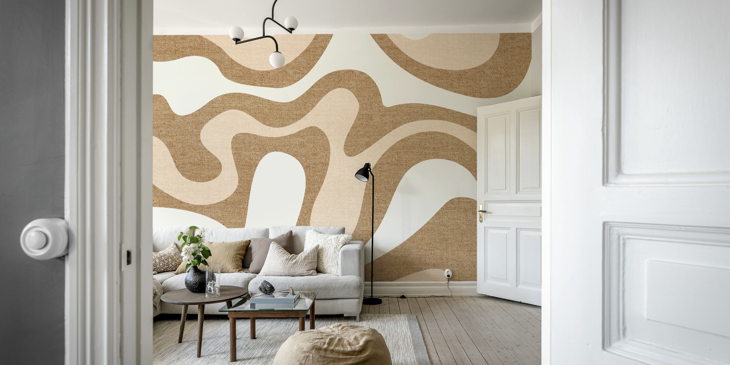 Cream and beige abstract wave pattern wallpaper