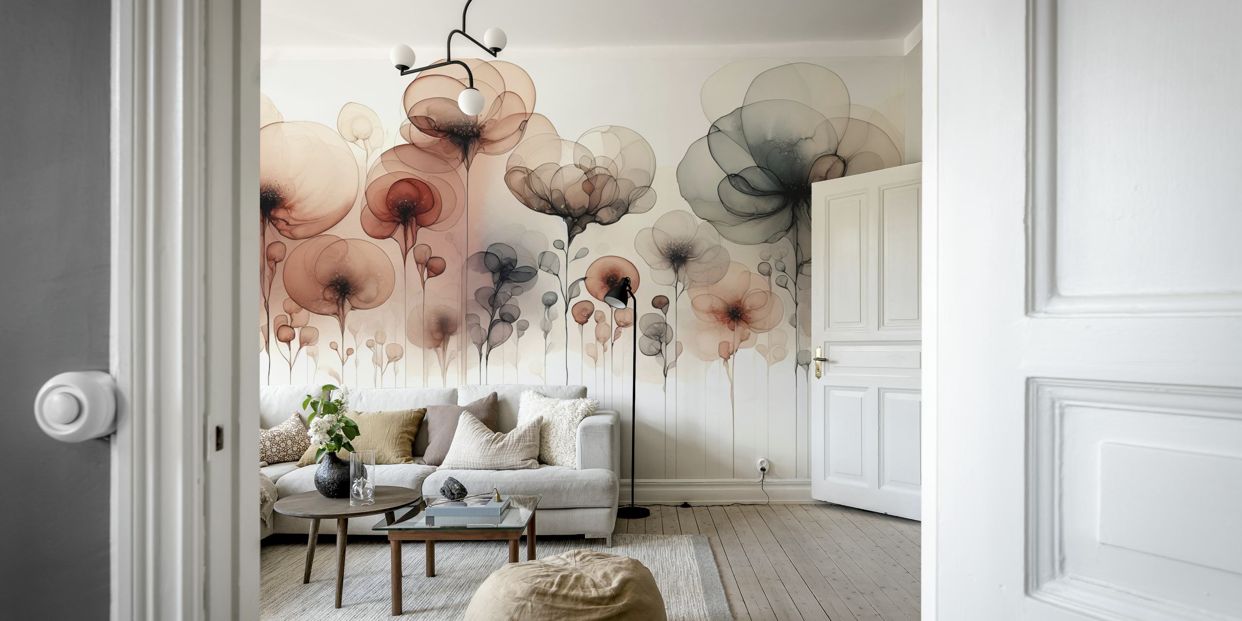 Translucent floral wallpaper featuring soft brown and black flowers with delicate stems