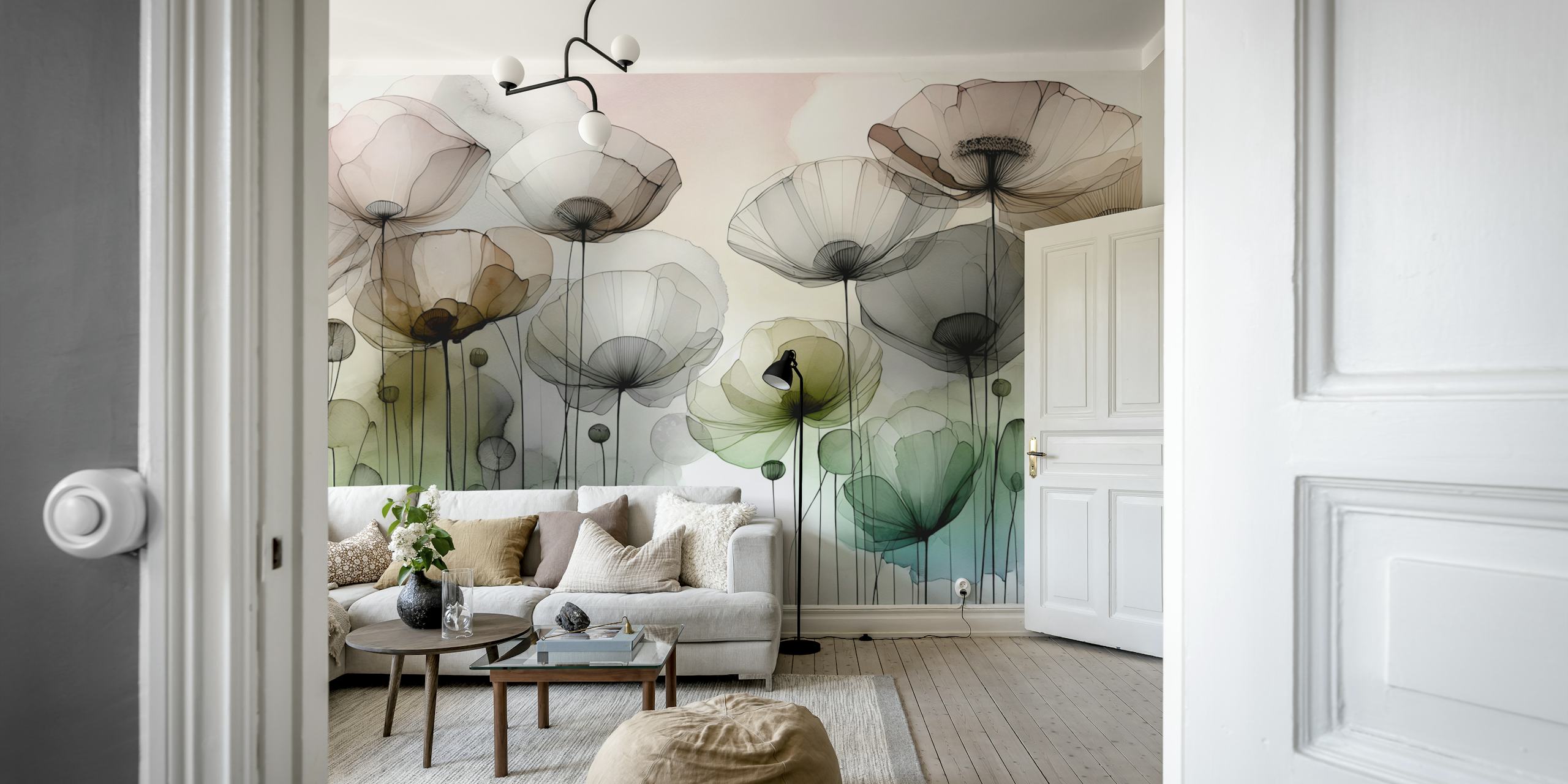 Ink Wash Flower Field wallpaper in a room